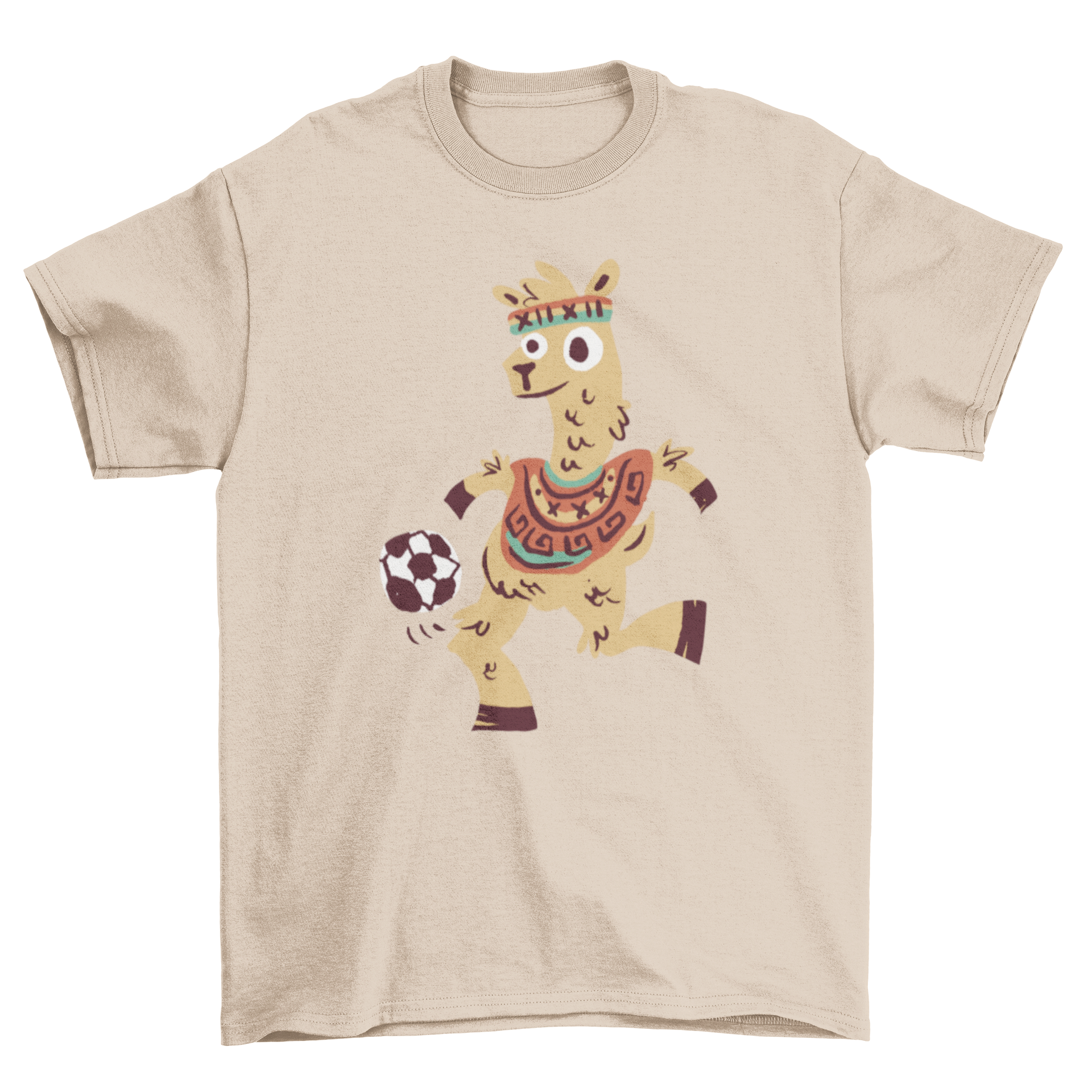A colorful cartoon t-shirt featuring a Peruvian llama playing soccer, showcasing a fun and vibrant design.