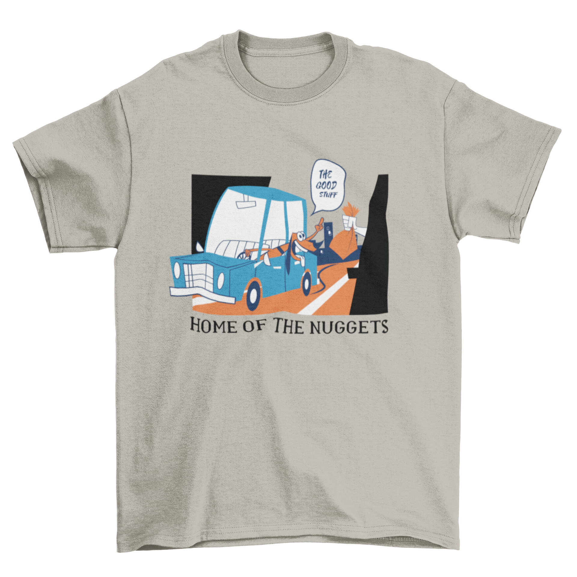 A colorful illustration of a person driving a car with a dog, collecting takeaway food, showcasing a joyful moment.