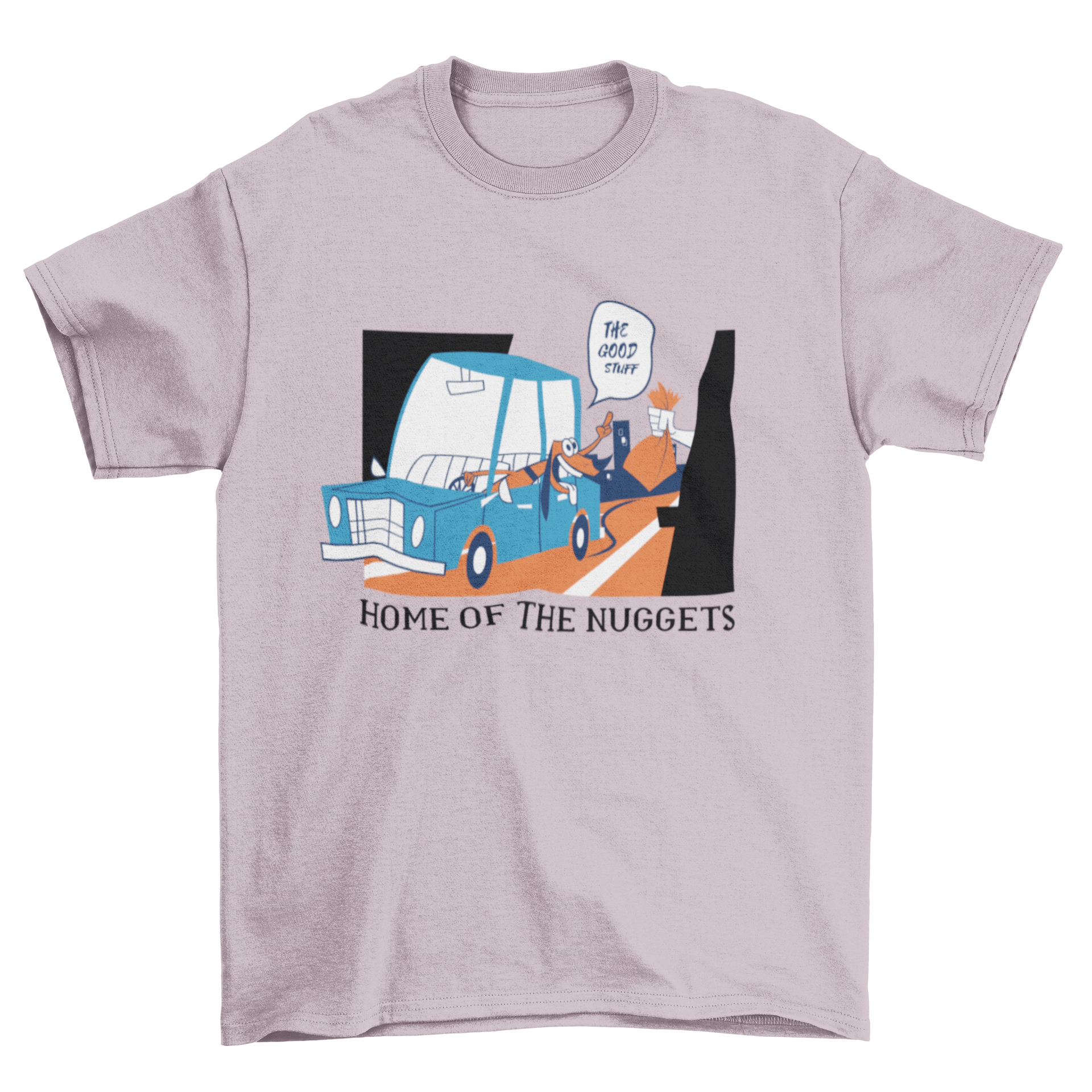 A colorful illustration of a person driving a car with a dog, collecting takeaway food, showcasing a joyful moment.