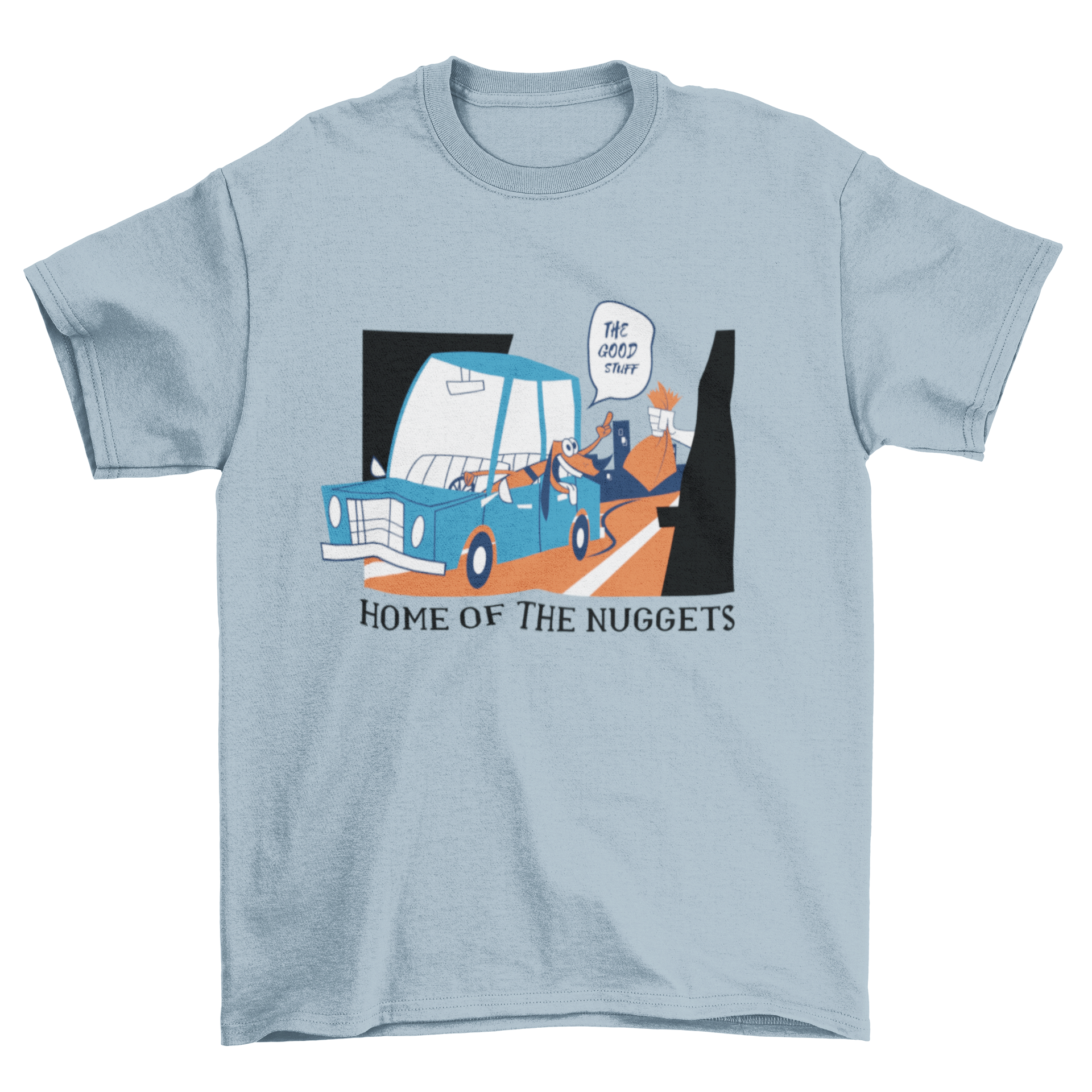 A colorful illustration of a person driving a car with a dog, collecting takeaway food, showcasing a joyful moment.