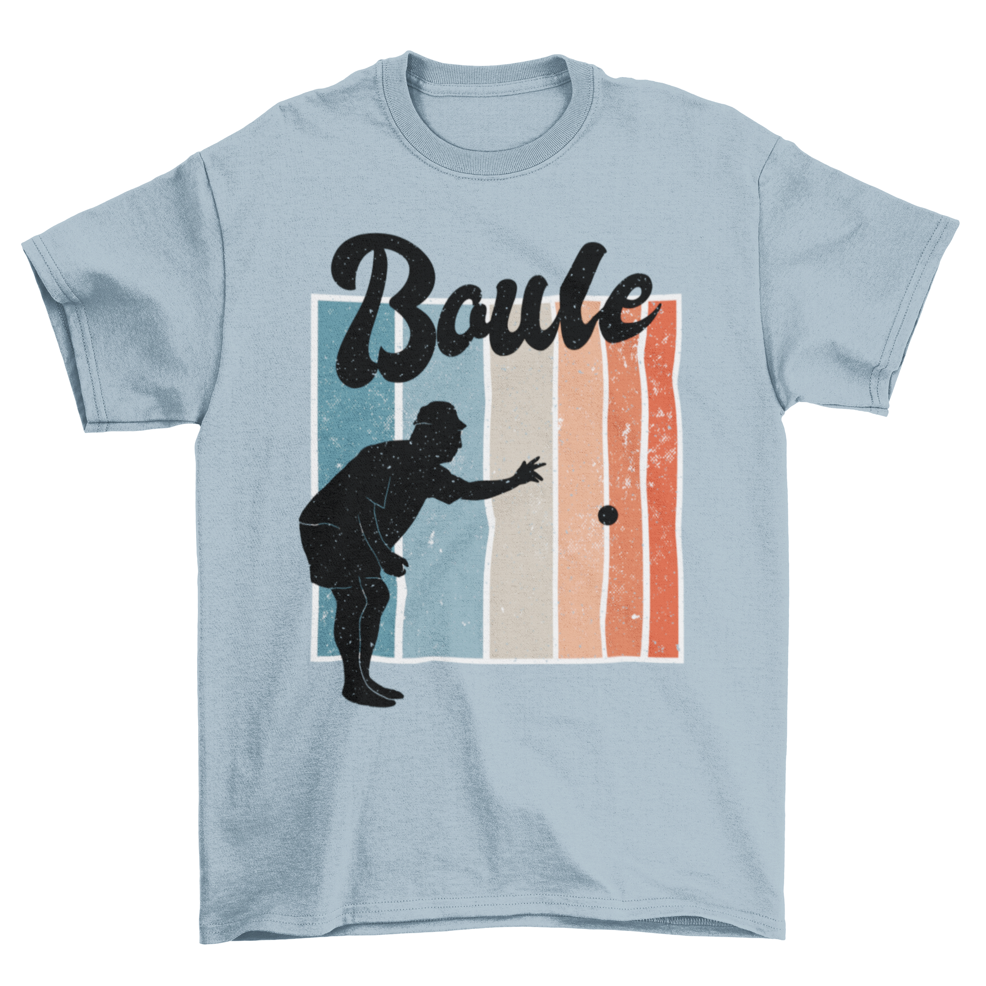 A stylish t-shirt featuring a silhouette of a man playing petanque with the word Boule above it.