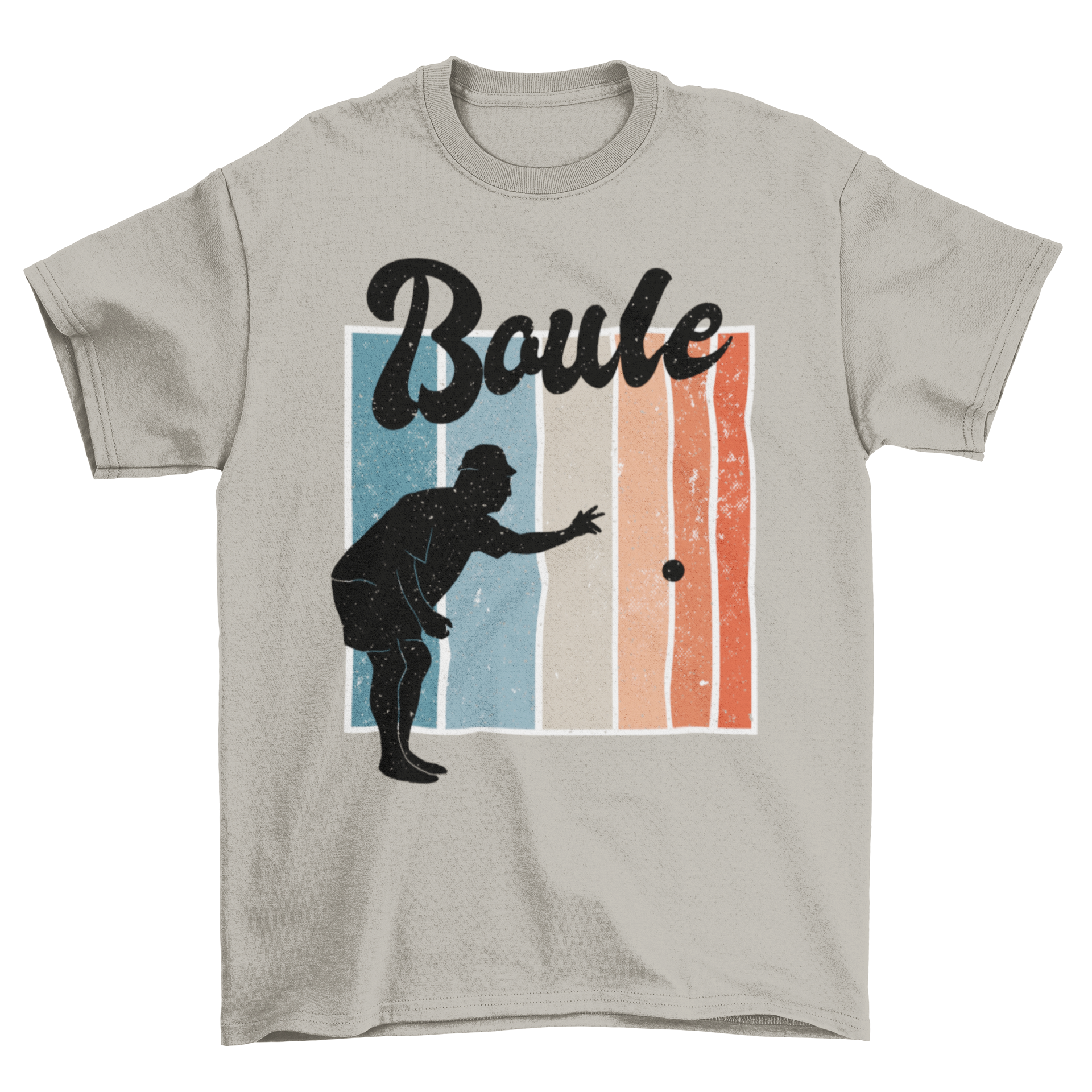 A stylish t-shirt featuring a silhouette of a man playing petanque with the word Boule above it.