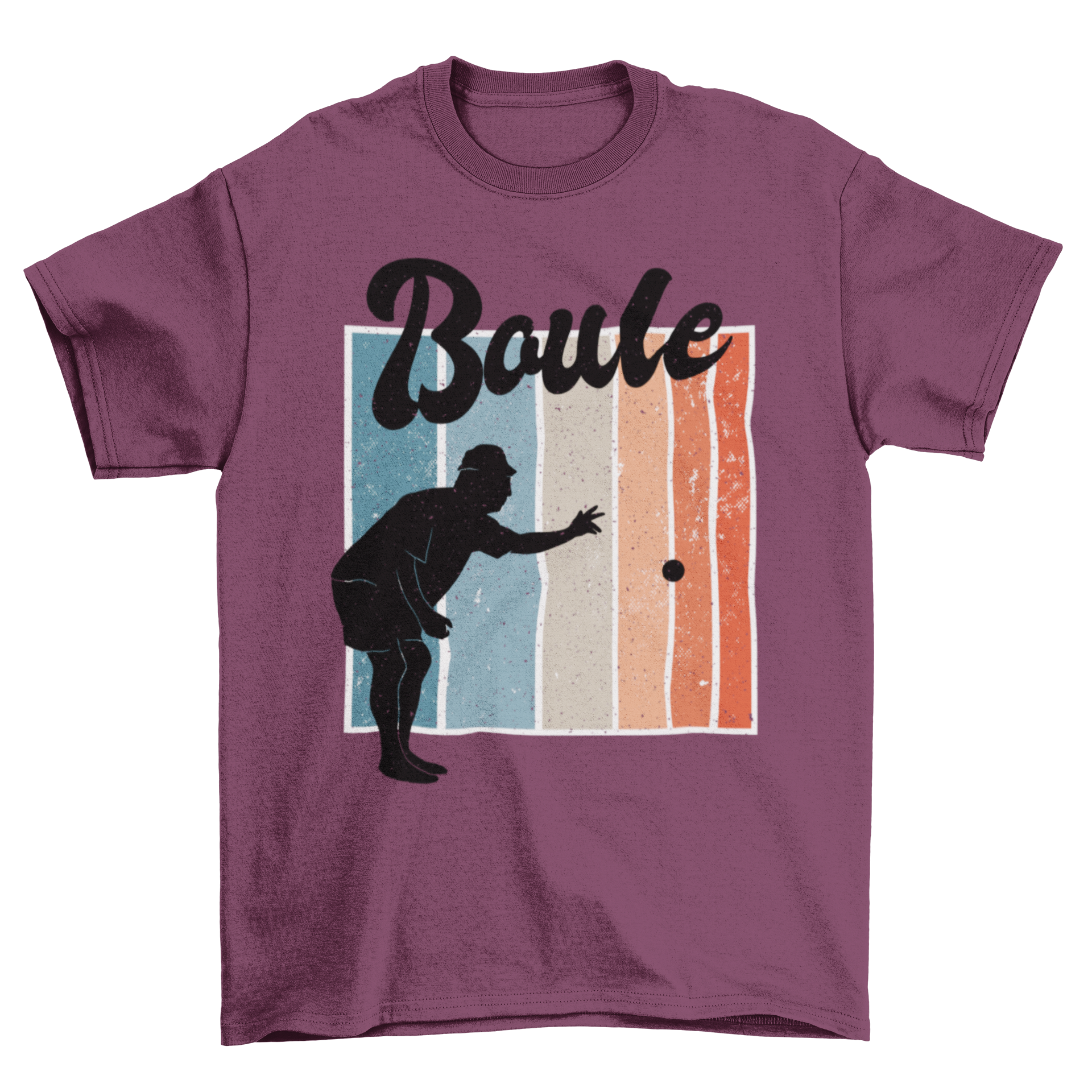 A stylish t-shirt featuring a silhouette of a man playing petanque with the word Boule above it.