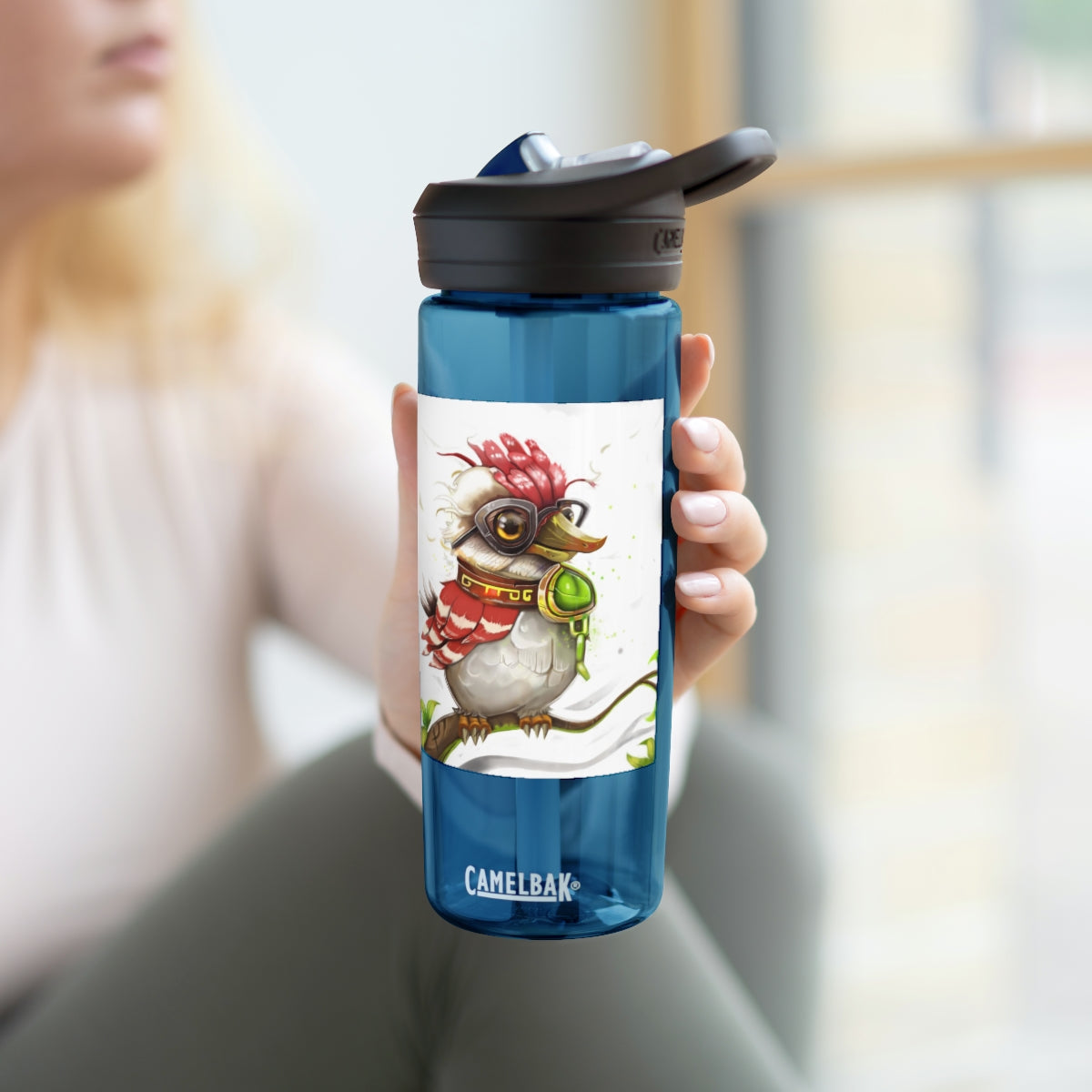 Pete the Sweet Little Bird CamelBak Eddy® Water Bottle in vibrant colors, showcasing its unique design and durable construction.
