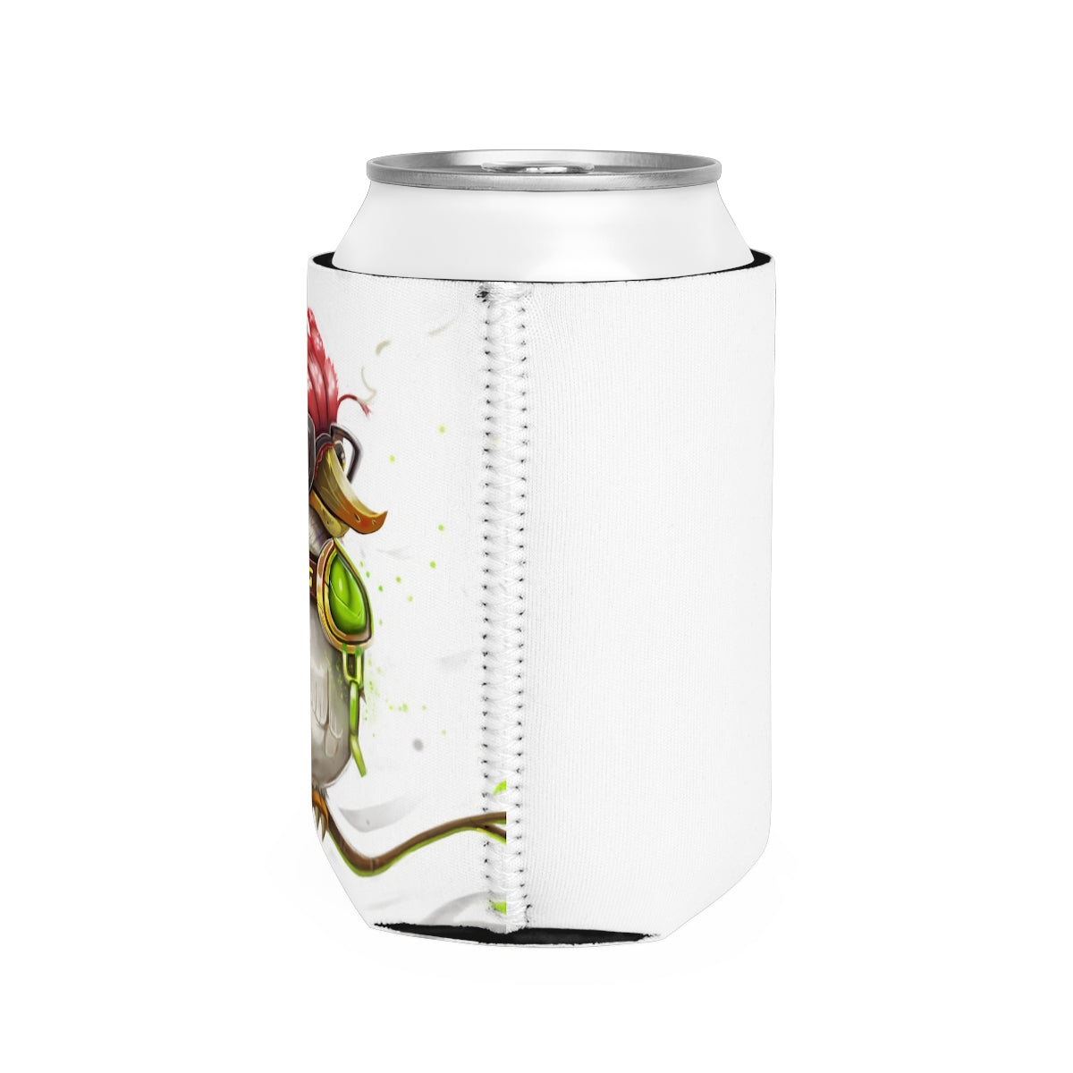 Pete the Sweet Little Bird Can Cooler Sleeve in vibrant colors, designed to fit standard 12 oz cans, made from durable neoprene material.