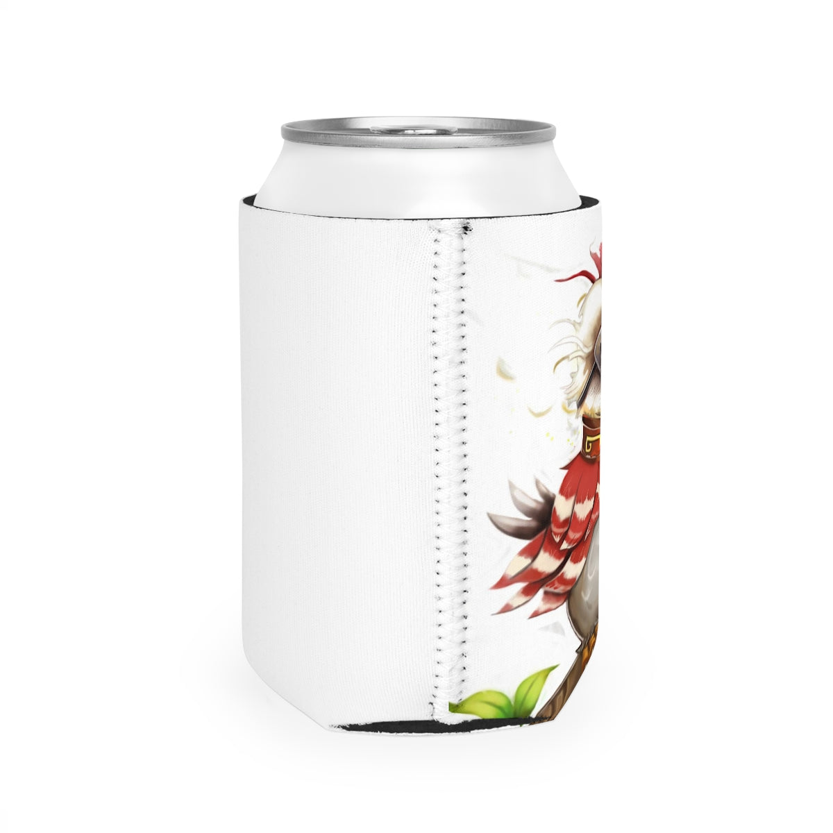 Pete the Sweet Little Bird Can Cooler Sleeve in vibrant colors, designed to fit standard 12 oz cans, made from durable neoprene material.