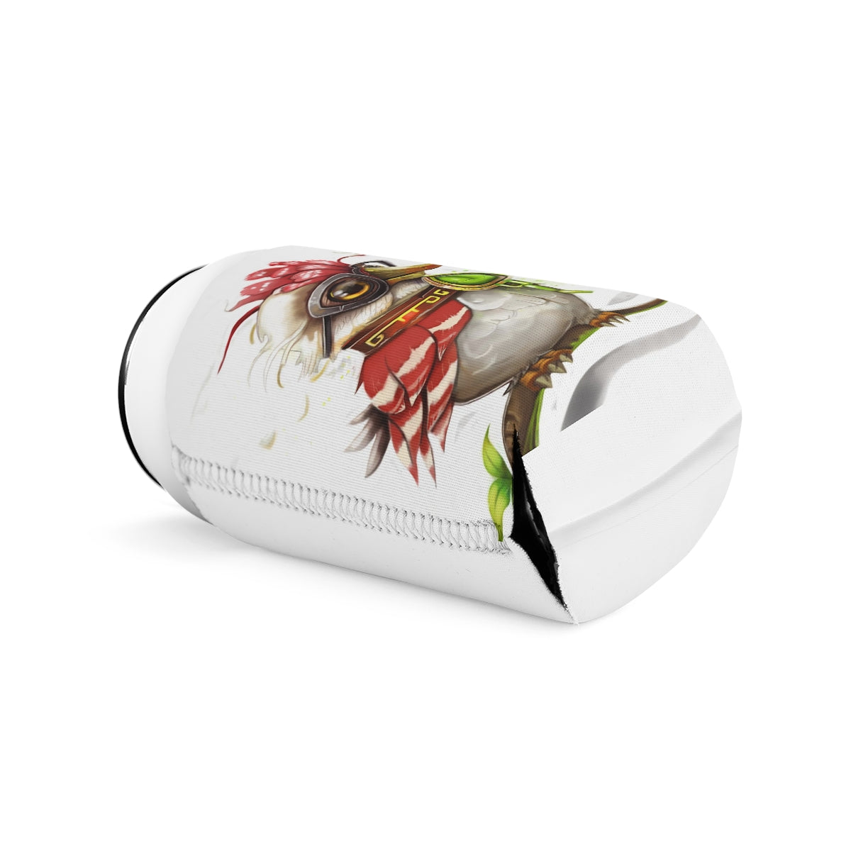 Pete the Sweet Little Bird Can Cooler Sleeve in vibrant colors, designed to fit standard 12 oz cans, made from durable neoprene material.