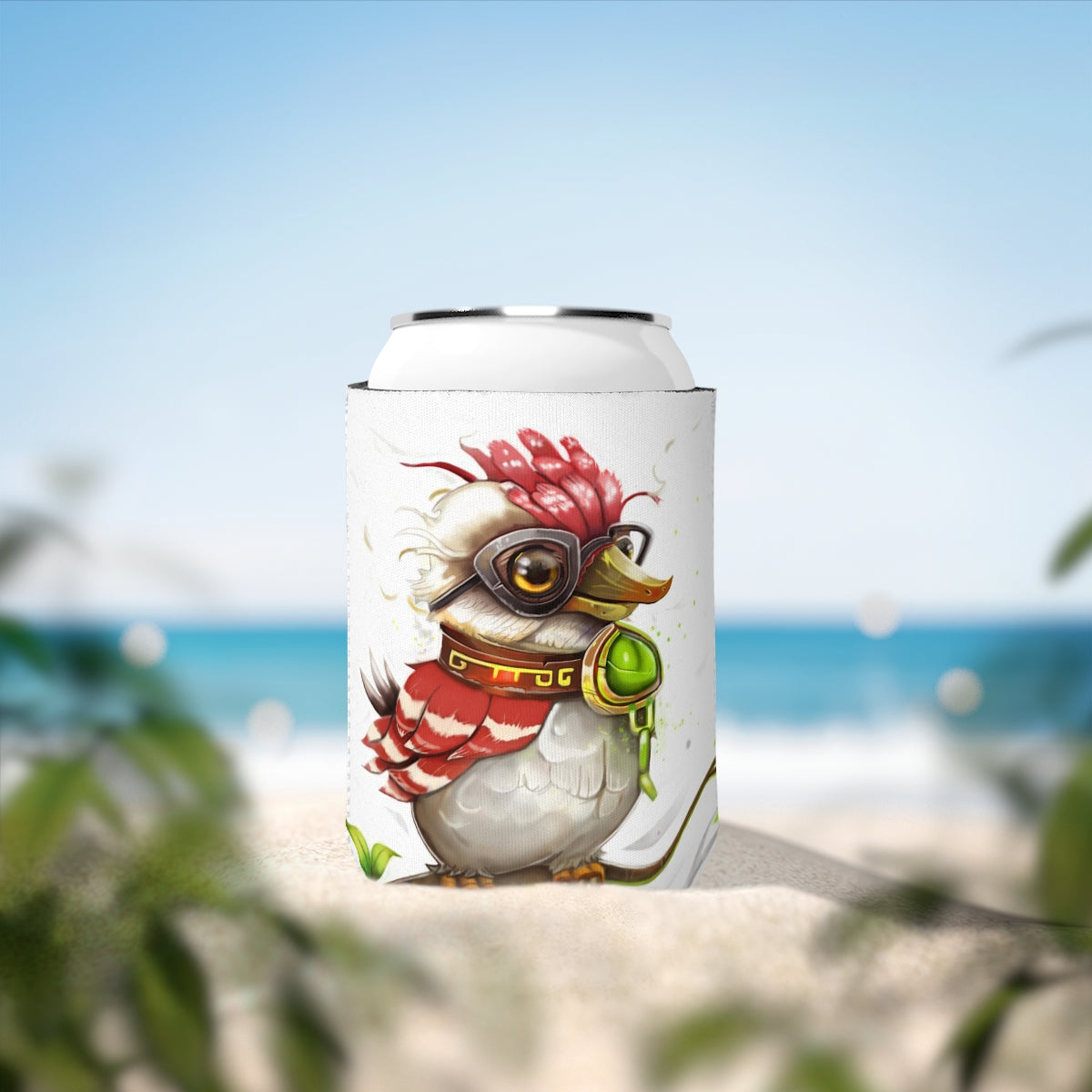 Pete the Sweet Little Bird Can Cooler Sleeve in vibrant colors, designed to fit standard 12 oz cans, made from durable neoprene material.