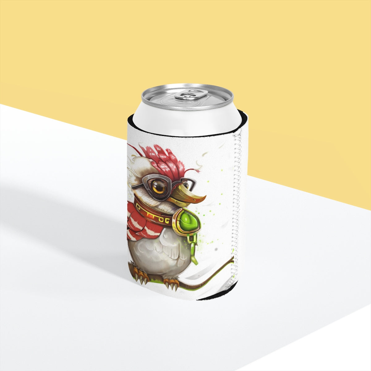 Pete the Sweet Little Bird Can Cooler Sleeve in vibrant colors, designed to fit standard 12 oz cans, made from durable neoprene material.