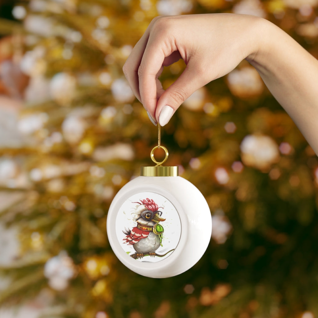A beautiful 3-inch glossy Christmas ball ornament featuring Pete the Sweet Little Bird, adorned with a gold ribbon for hanging.
