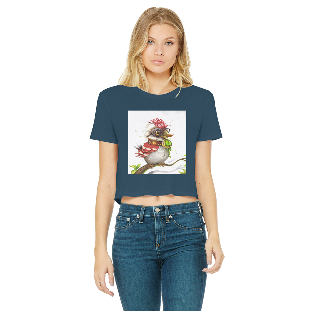 A stylish cropped t-shirt featuring a round neck, short sleeves, and a raw edge cut hem, made from soft semi-combed cotton.