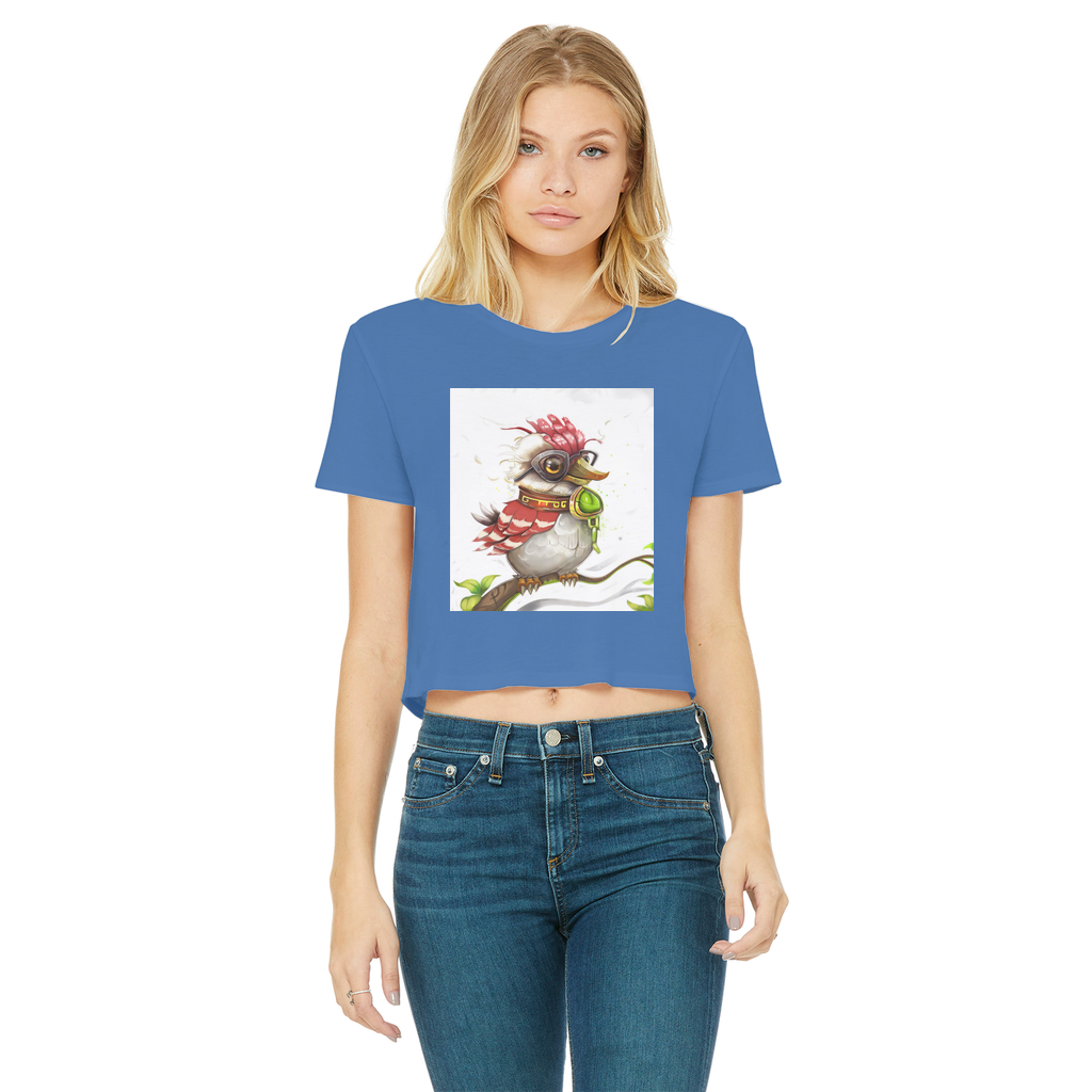 A stylish cropped t-shirt featuring a round neck, short sleeves, and a raw edge cut hem, made from soft semi-combed cotton.
