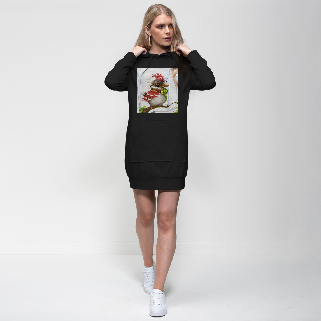 A stylish adult hoodie dress featuring a hood, full-length sleeves, and a kangaroo pouch pocket, designed for comfort and fashion.