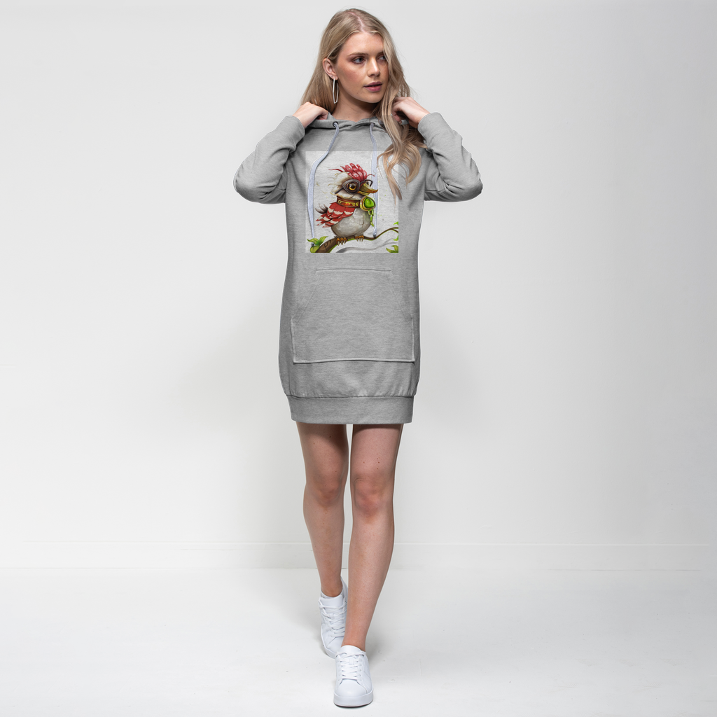 A stylish adult hoodie dress featuring a hood, full-length sleeves, and a kangaroo pouch pocket, designed for comfort and fashion.