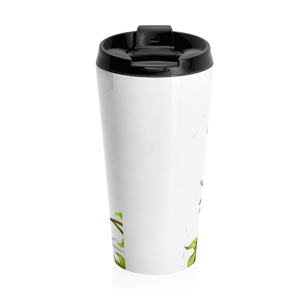 Pete the Sweet Little Bird Stainless Steel Travel Mug with a vibrant design, perfect for coffee and tea lovers.