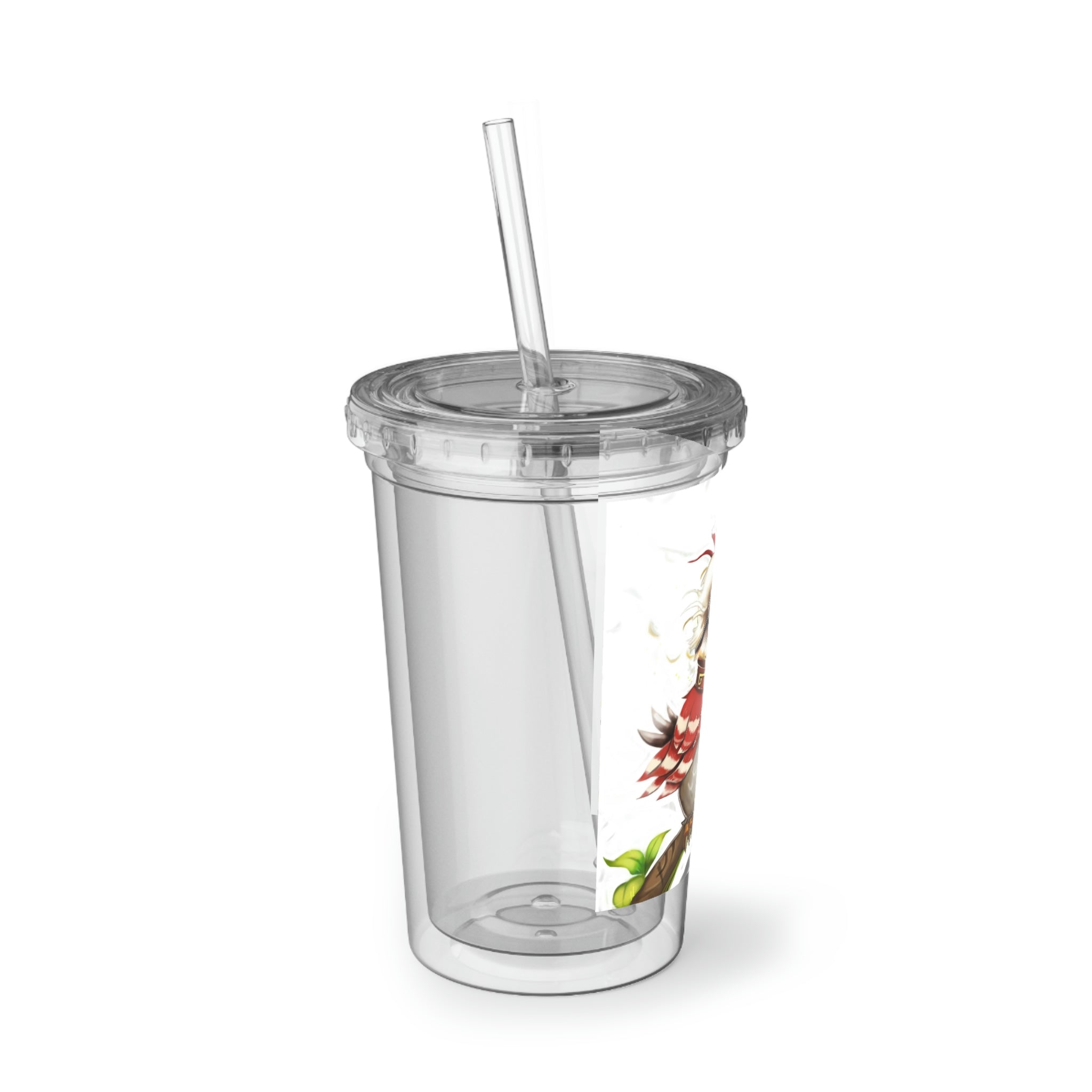 Pete the Sweet Little Bird Suave Acrylic Cup with vibrant bird design, double-wall insulation, and included straw and lid.