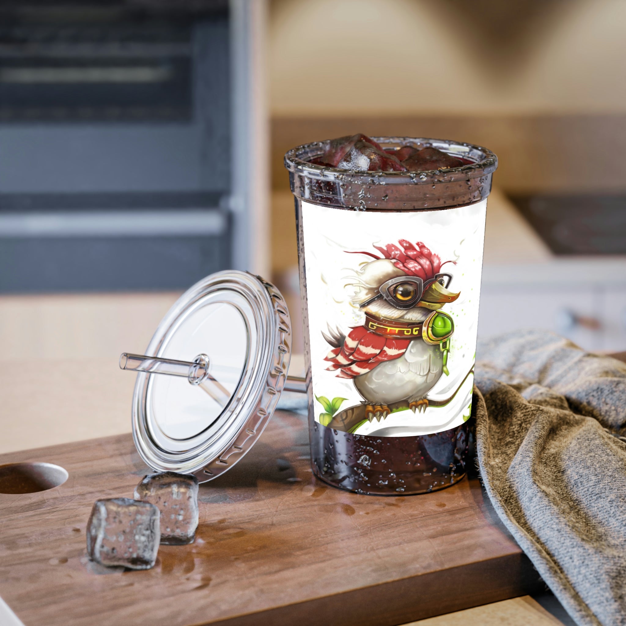 Pete the Sweet Little Bird Suave Acrylic Cup with vibrant bird design, double-wall insulation, and included straw and lid.