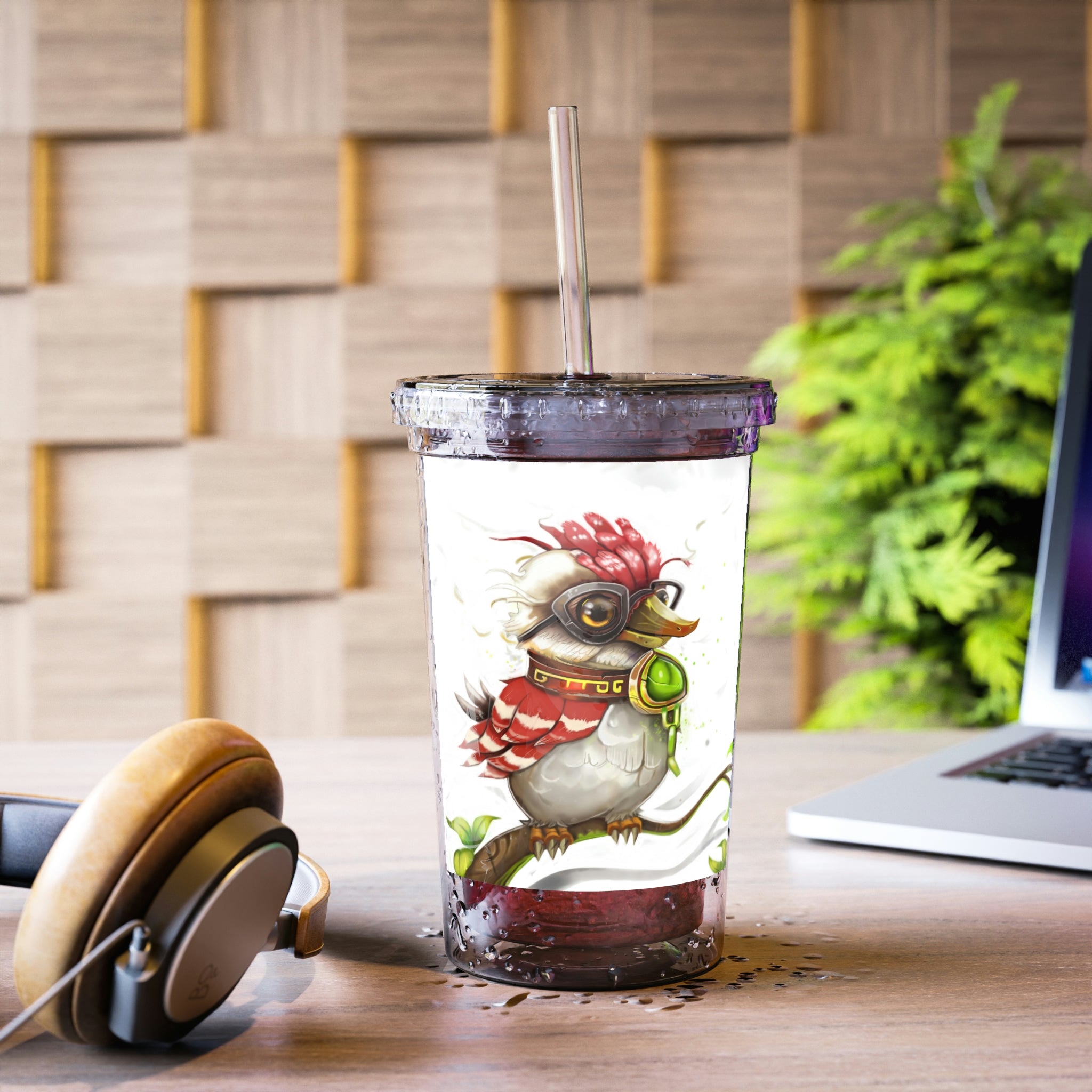 Pete the Sweet Little Bird Suave Acrylic Cup with vibrant bird design, double-wall insulation, and included straw and lid.
