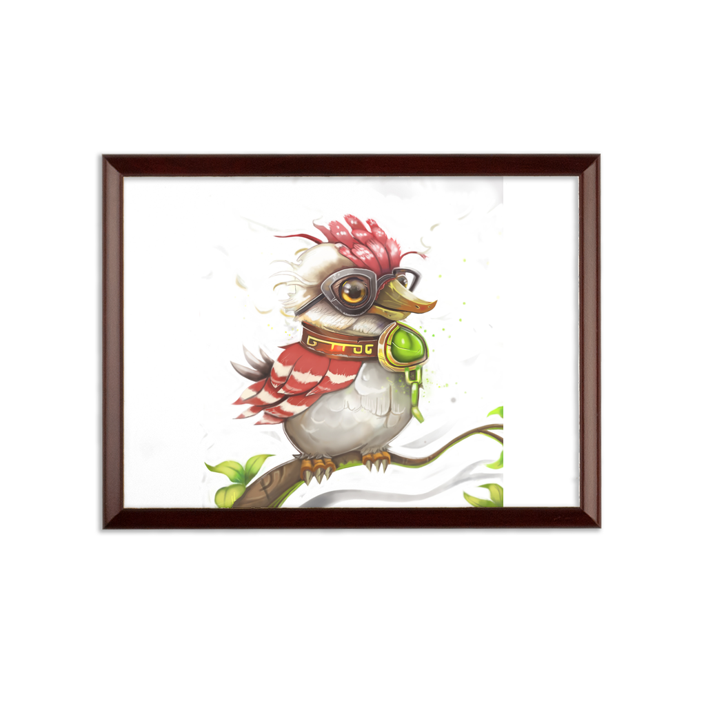 Pete the Sweet Little Bird Sublimation Wall Plaque with a brown wooden frame and white printable surface, showcasing a charming design.