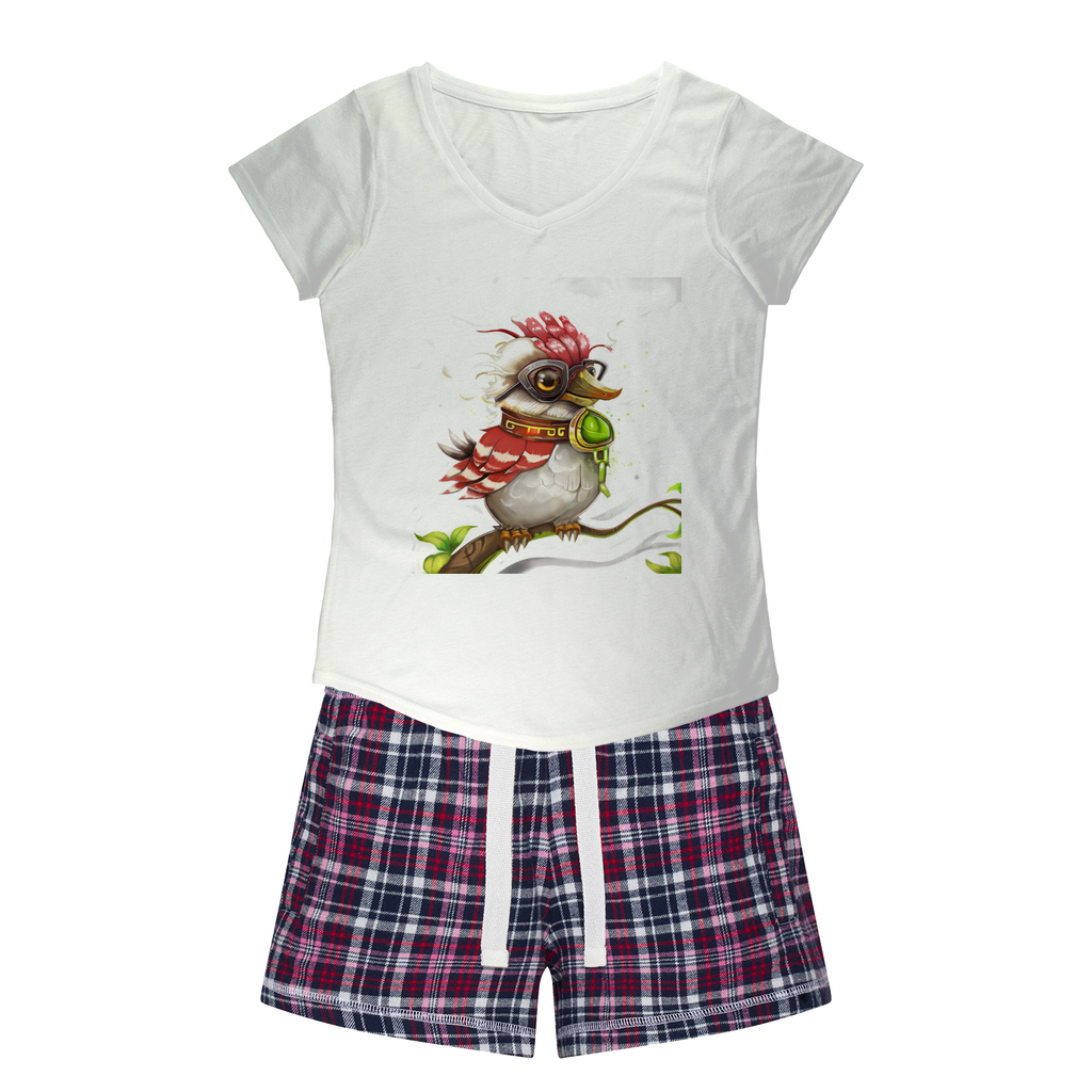 Pete the Sweet Little Bird Women's Sleepy Tee and Flannel Short set featuring a relaxed fit T-shirt and colorful flannel shorts, perfect for cozy nights.