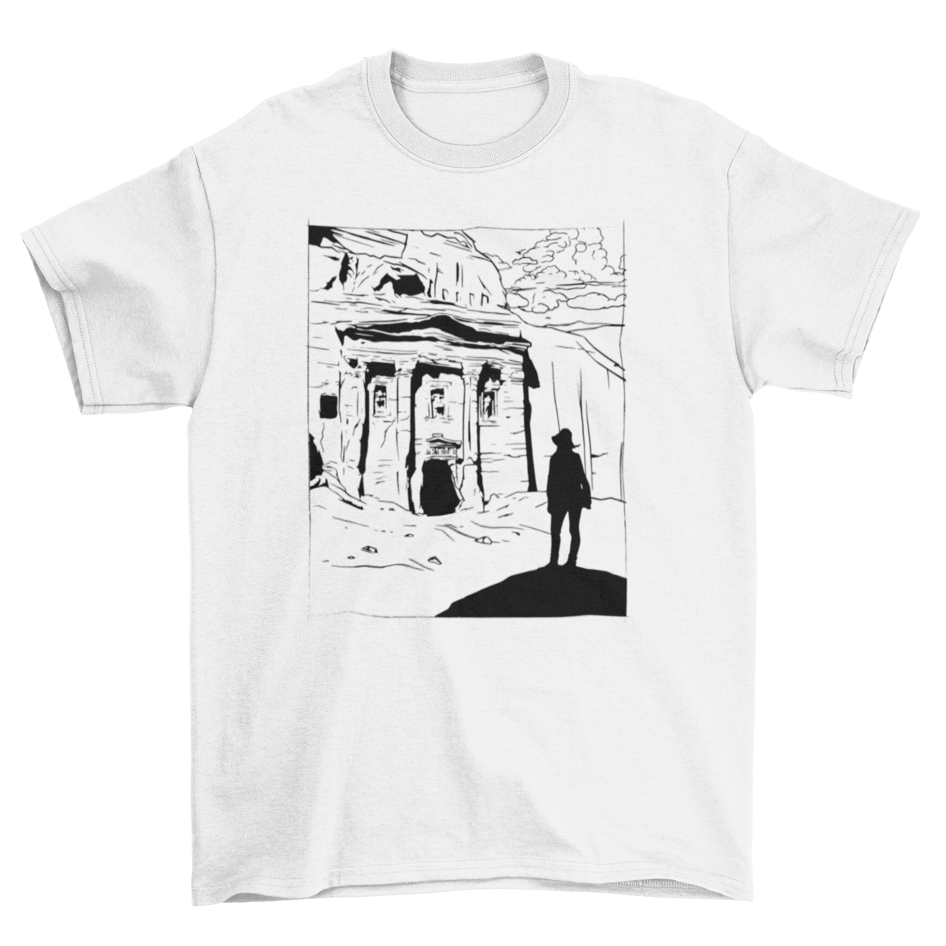 A stylish T-shirt featuring the iconic ruins of Petra in Jordan, showcasing intricate design details.