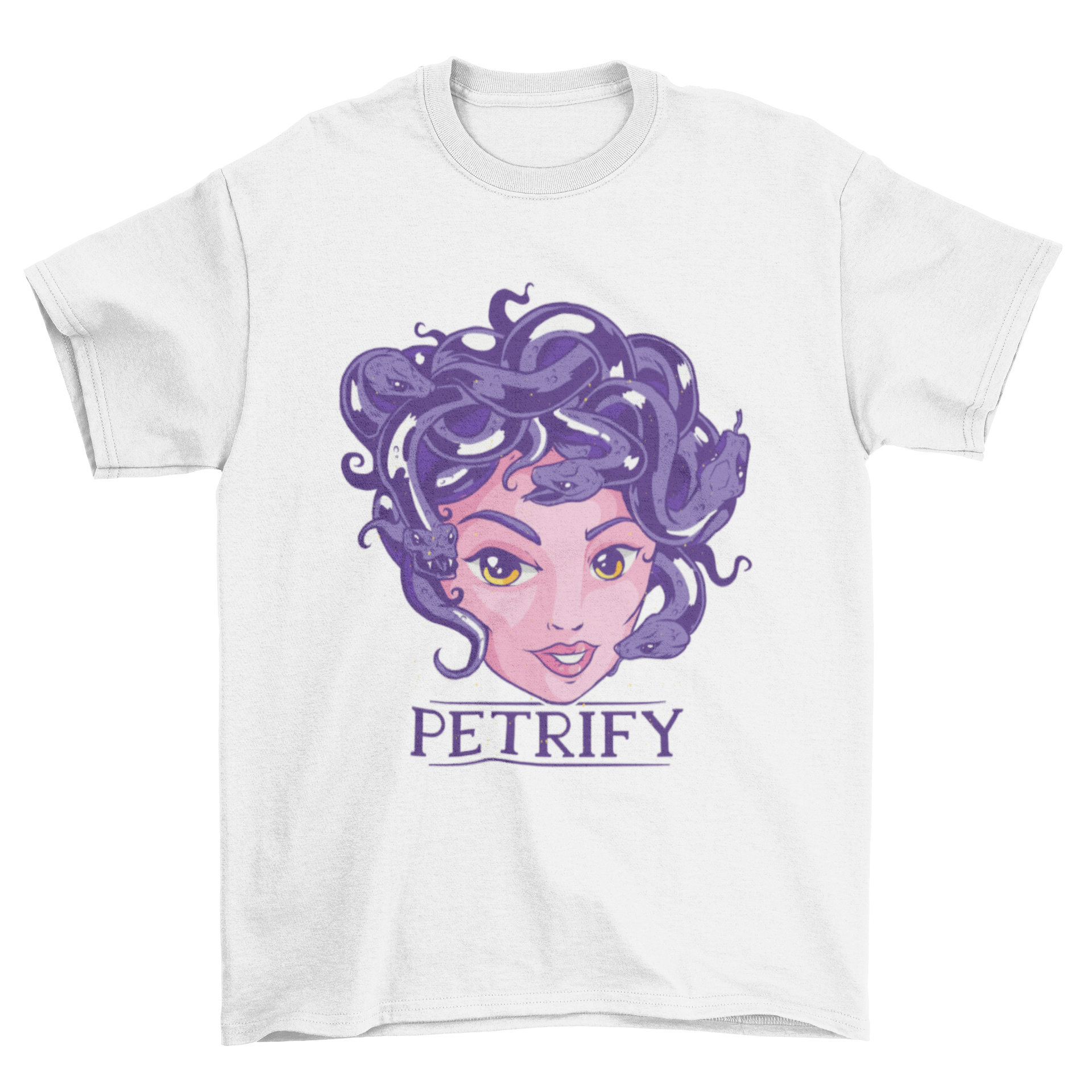 Petrify Medusa T-Shirt featuring a colorful illustration of Medusa's head with the word 'Petrify' at the bottom.