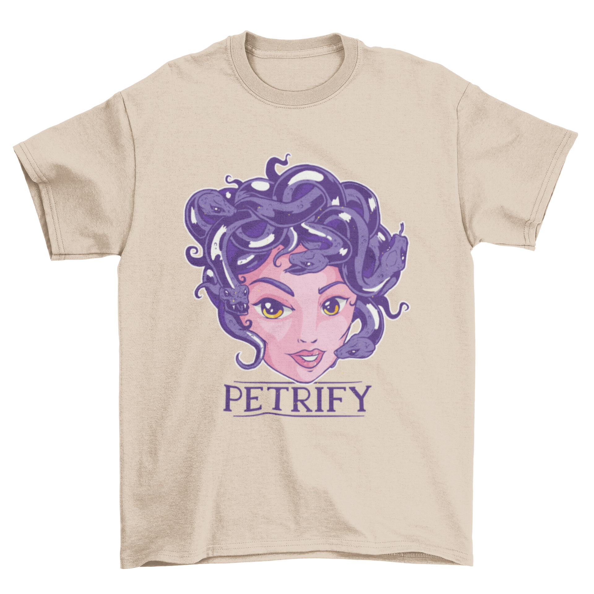 Petrify Medusa T-Shirt featuring a colorful illustration of Medusa's head with the word 'Petrify' at the bottom.