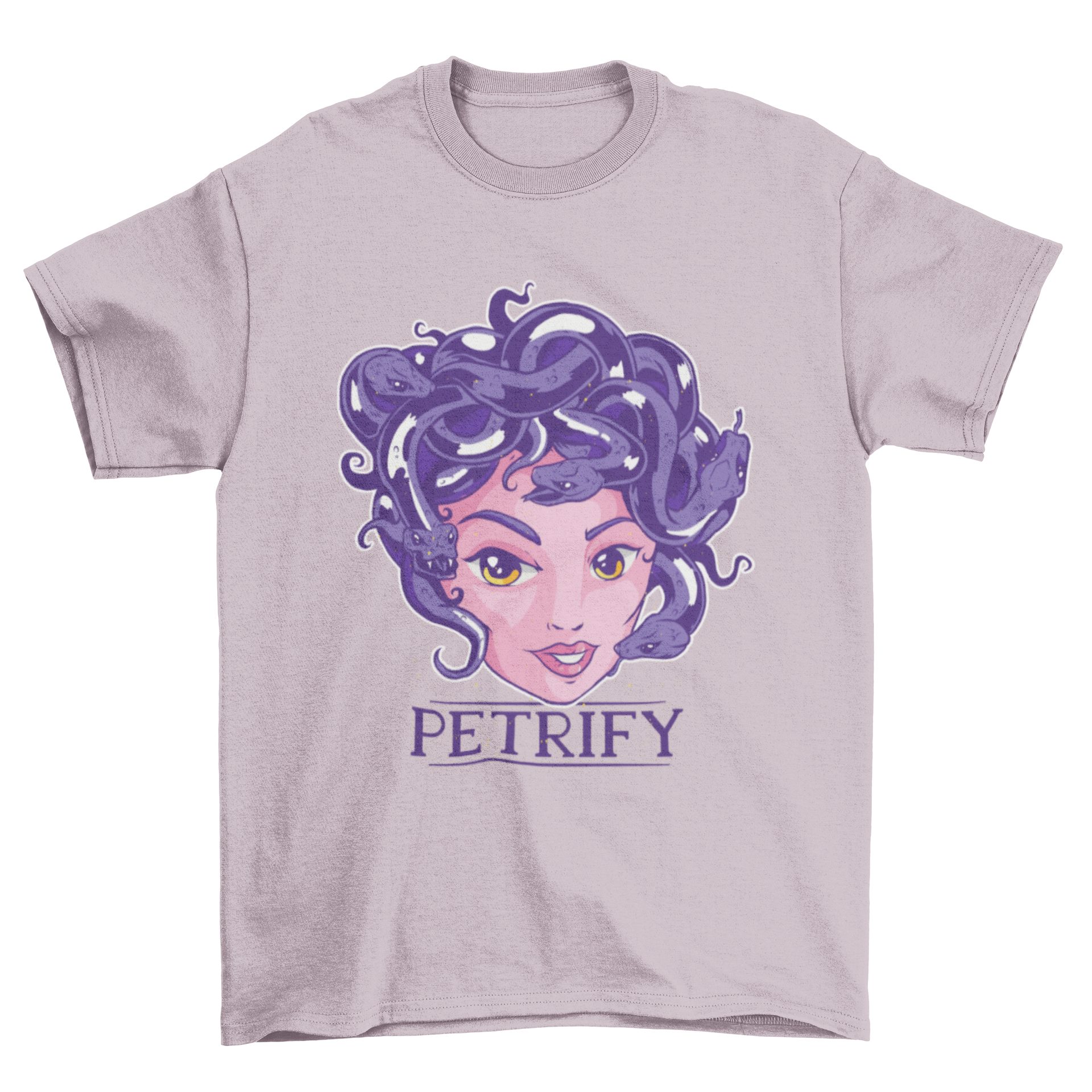 Petrify Medusa T-Shirt featuring a colorful illustration of Medusa's head with the word 'Petrify' at the bottom.