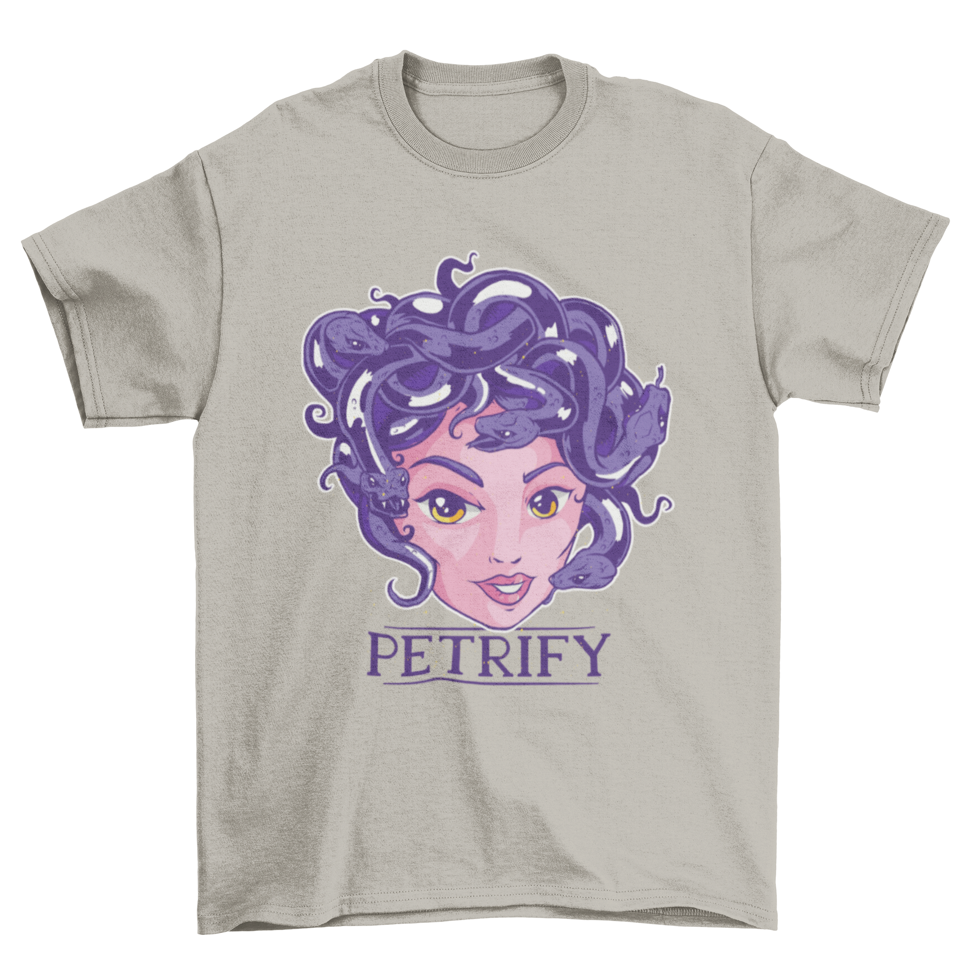 Petrify Medusa T-Shirt featuring a colorful illustration of Medusa's head with the word 'Petrify' at the bottom.