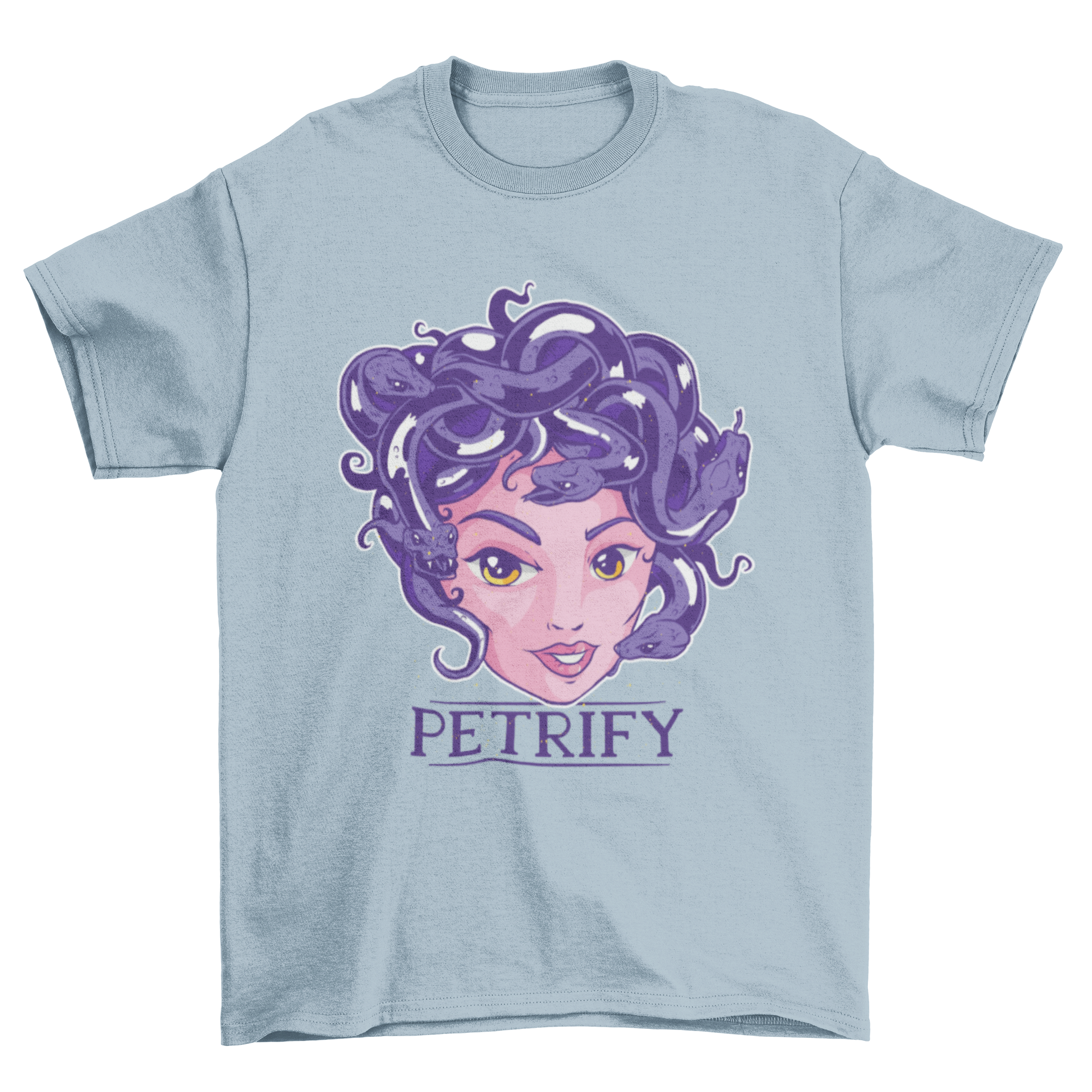 Petrify Medusa T-Shirt featuring a colorful illustration of Medusa's head with the word 'Petrify' at the bottom.
