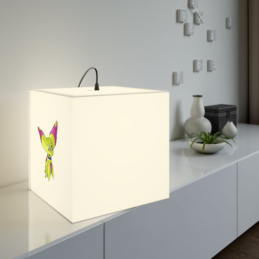 A stylish Phaff Personalized Lamp in a cube shape, showcasing unique designs and available in two sizes, perfect for home or shop decor.