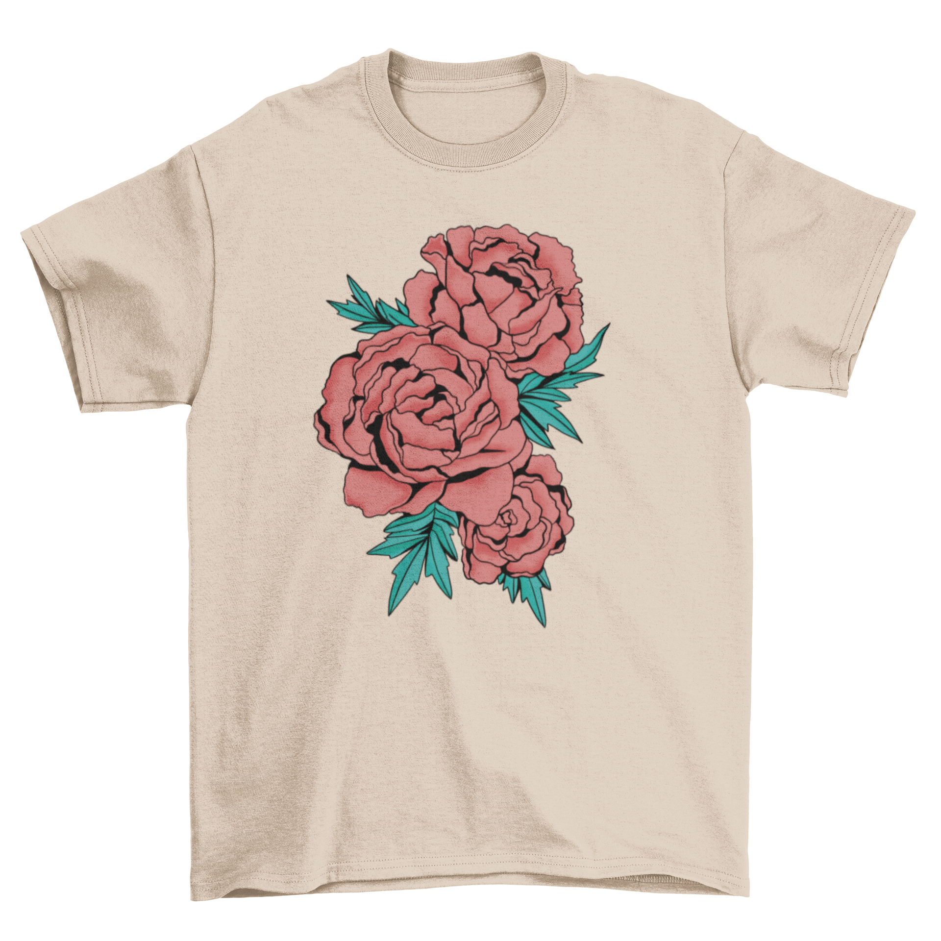 A stylish t-shirt featuring a vibrant bouquet of peonies flowers, showcasing intricate details and colors.