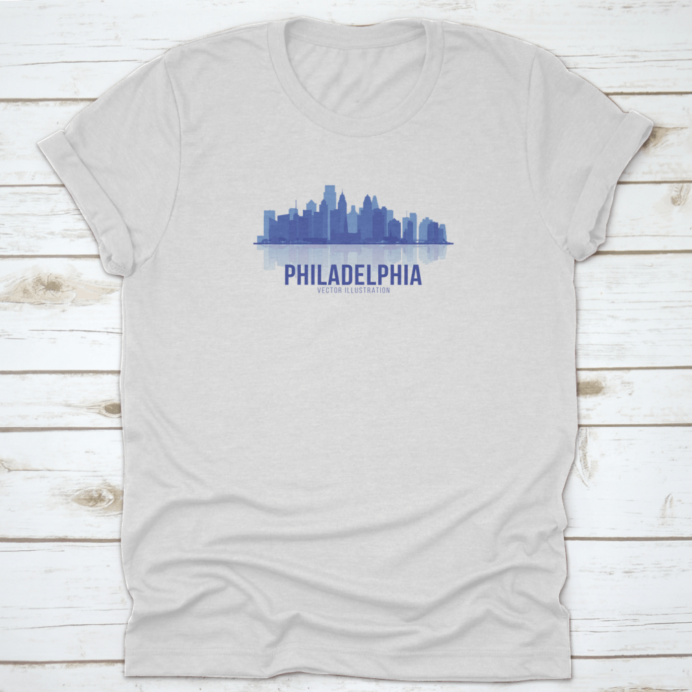A stylish t-shirt featuring the Philadelphia skyline in a panoramic view, showcasing iconic buildings and landmarks.