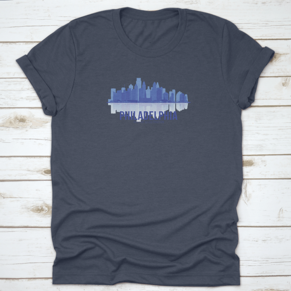 A stylish t-shirt featuring the Philadelphia skyline in a panoramic view, showcasing iconic buildings and landmarks.