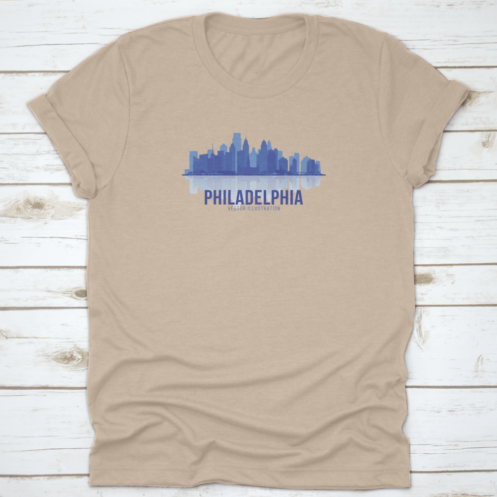 A stylish t-shirt featuring the Philadelphia skyline in a panoramic view, showcasing iconic buildings and landmarks.