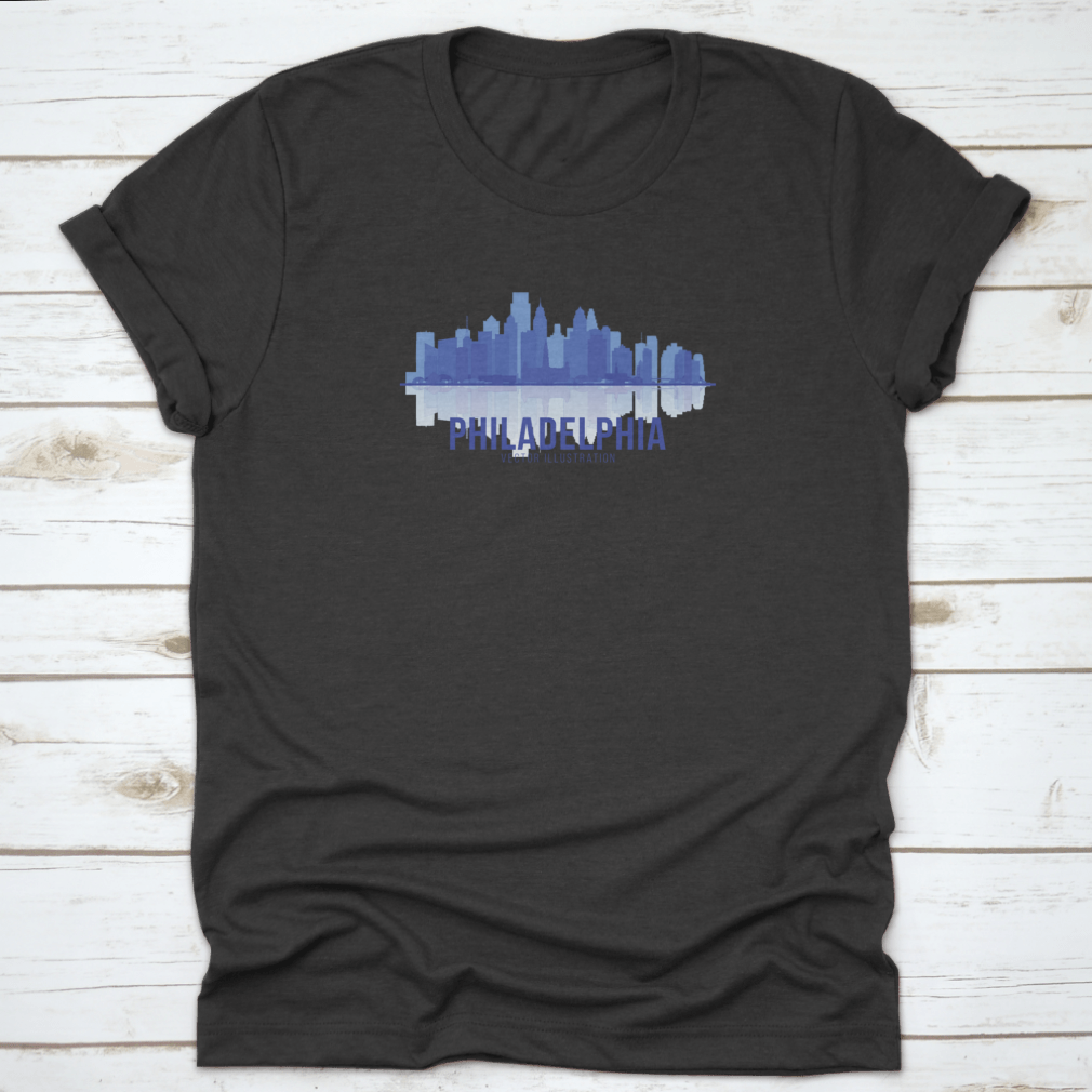 A stylish t-shirt featuring the Philadelphia skyline in a panoramic view, showcasing iconic buildings and landmarks.