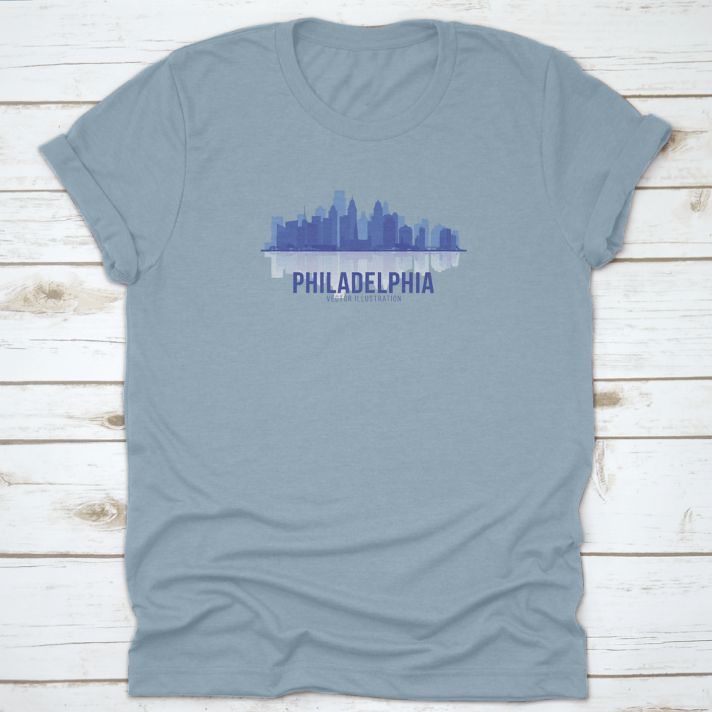 A stylish t-shirt featuring the Philadelphia skyline in a panoramic view, showcasing iconic buildings and landmarks.