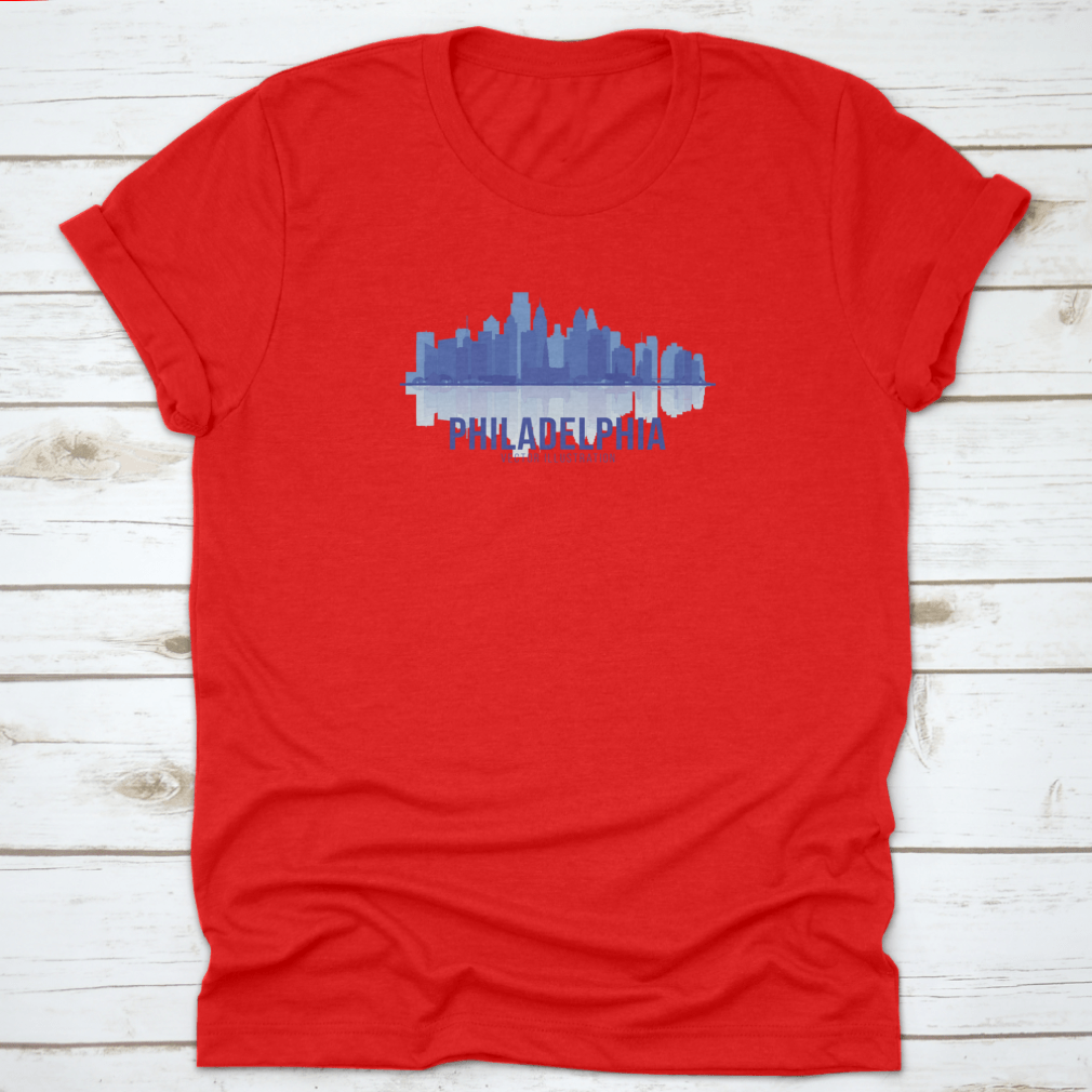 A stylish t-shirt featuring the Philadelphia skyline in a panoramic view, showcasing iconic buildings and landmarks.