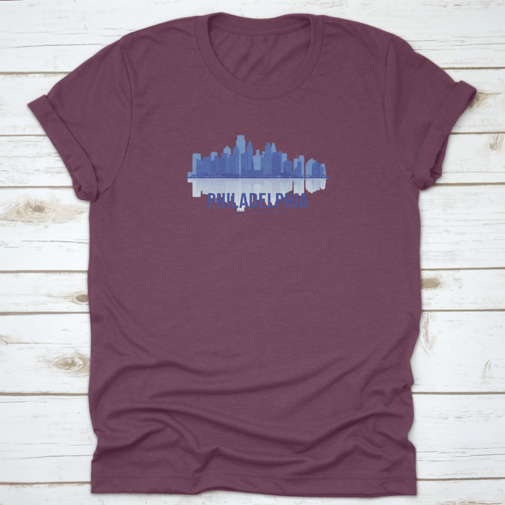 A stylish t-shirt featuring the Philadelphia skyline in a panoramic view, showcasing iconic buildings and landmarks.