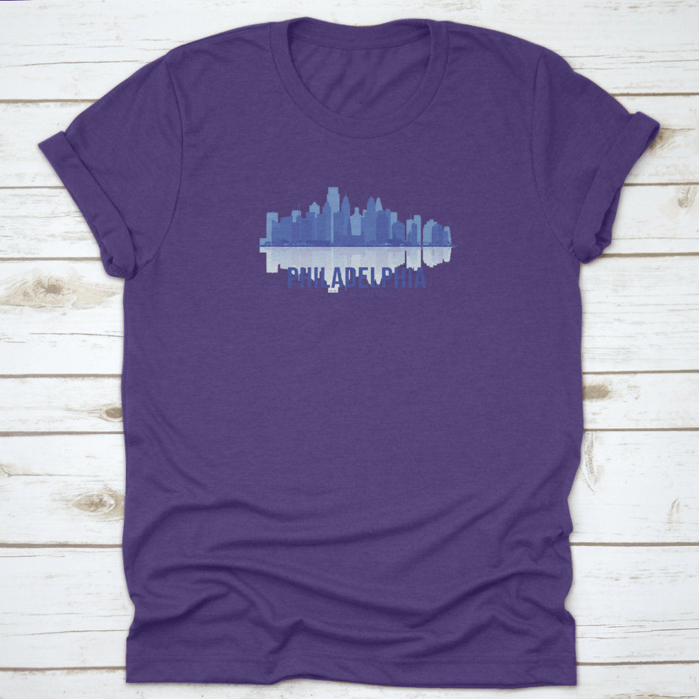 A stylish t-shirt featuring the Philadelphia skyline in a panoramic view, showcasing iconic buildings and landmarks.