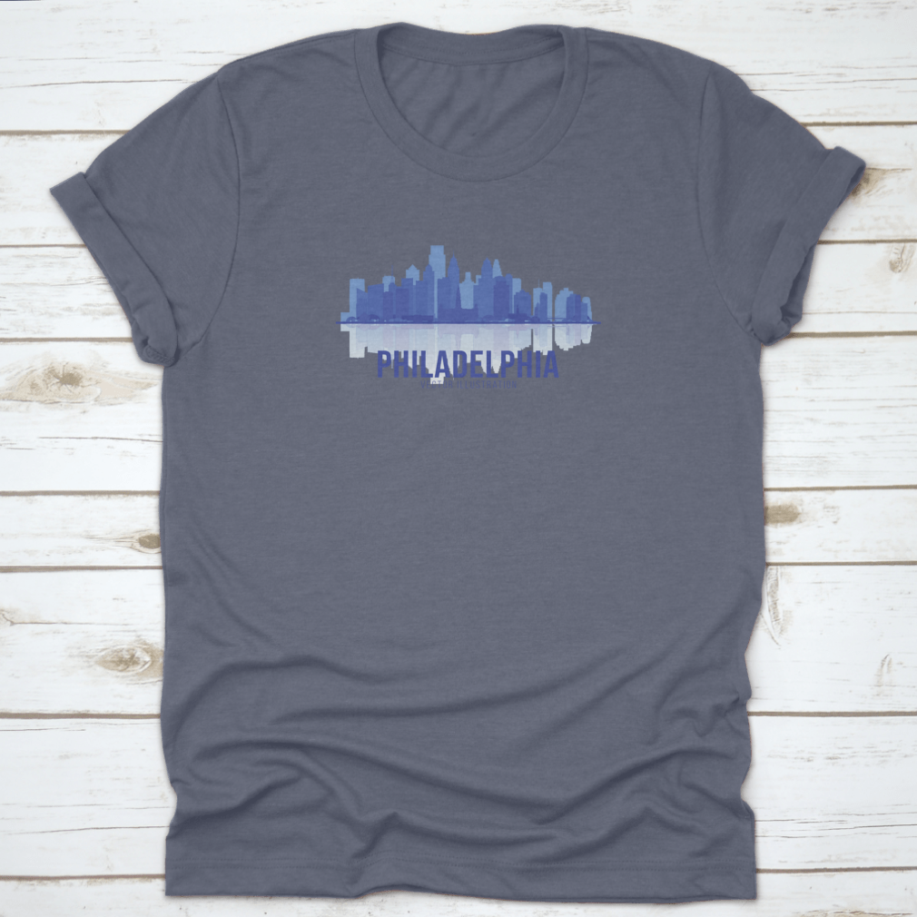 A stylish t-shirt featuring the Philadelphia skyline in a panoramic view, showcasing iconic buildings and landmarks.
