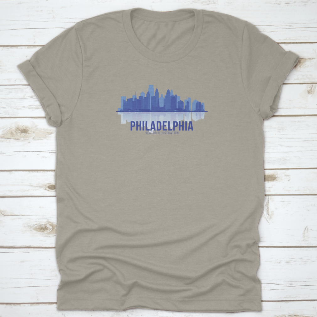A stylish t-shirt featuring the Philadelphia skyline in a panoramic view, showcasing iconic buildings and landmarks.