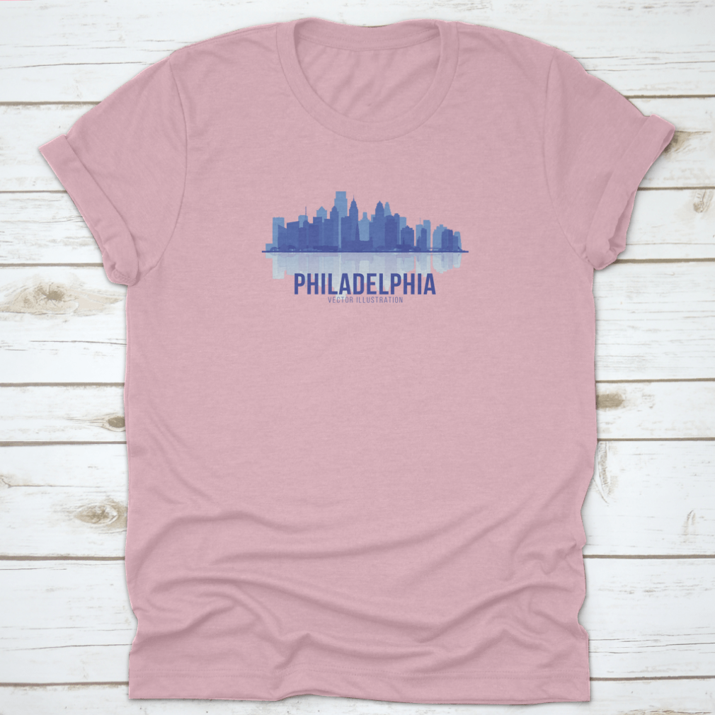 A stylish t-shirt featuring the Philadelphia skyline in a panoramic view, showcasing iconic buildings and landmarks.