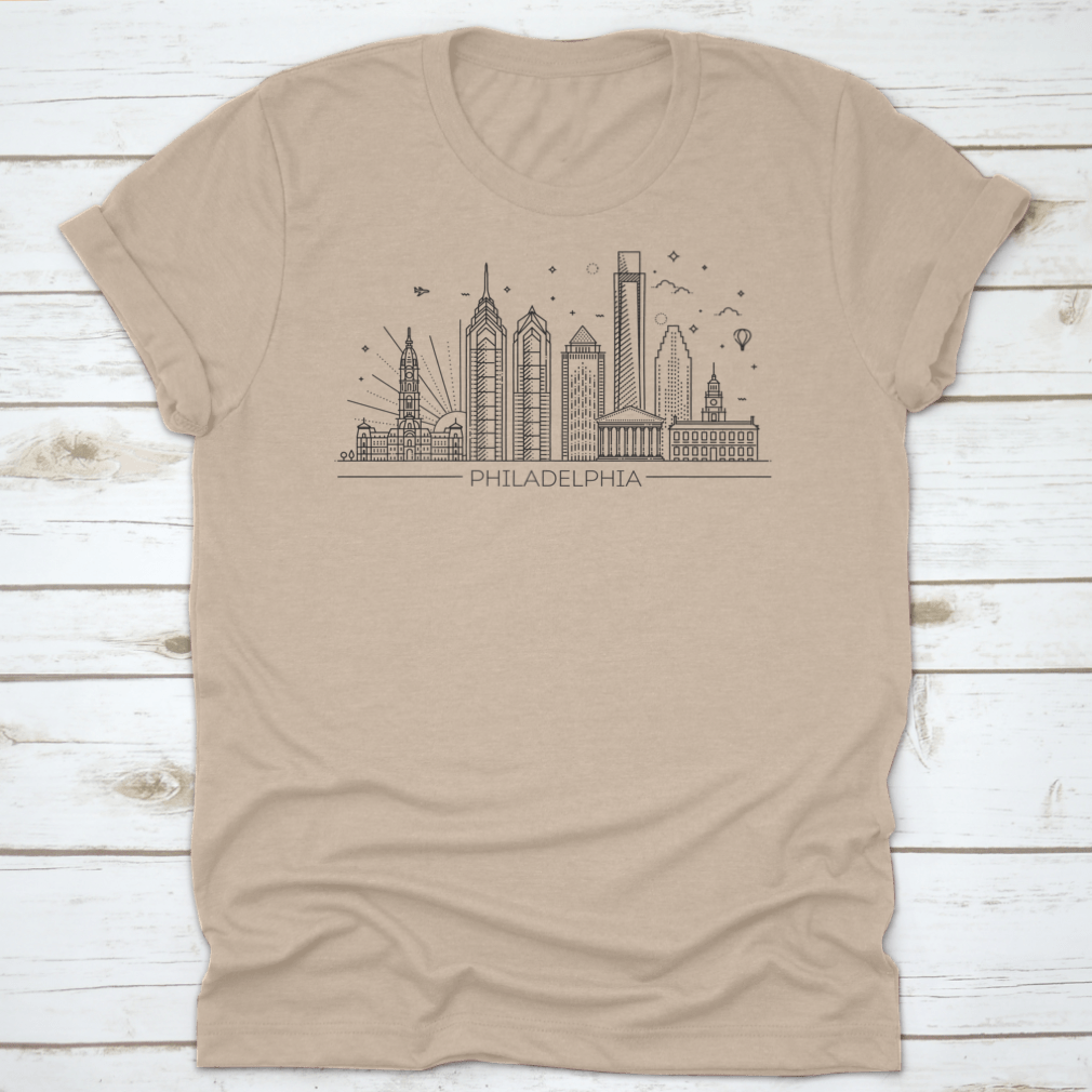A trendy t-shirt featuring the Philadelphia skyline in a stylish panorama design, made from high-quality cotton.