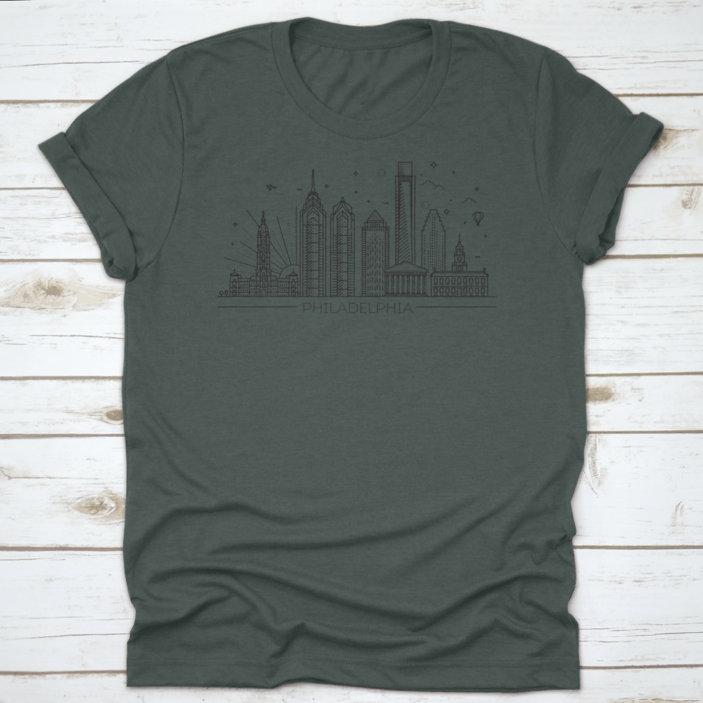 A trendy t-shirt featuring the Philadelphia skyline in a stylish panorama design, made from high-quality cotton.