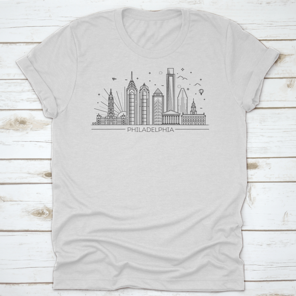 A trendy t-shirt featuring the Philadelphia skyline in a stylish panorama design, made from high-quality cotton.