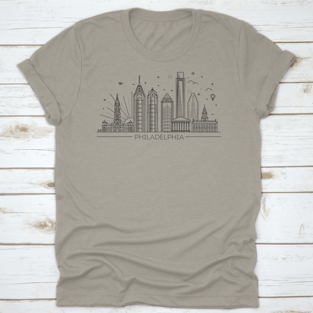 A trendy t-shirt featuring the Philadelphia skyline in a stylish panorama design, made from high-quality cotton.