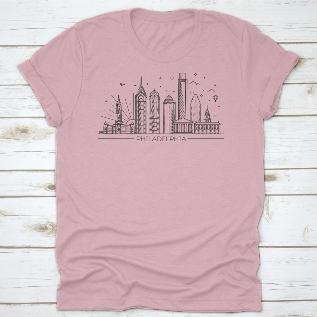 A trendy t-shirt featuring the Philadelphia skyline in a stylish panorama design, made from high-quality cotton.