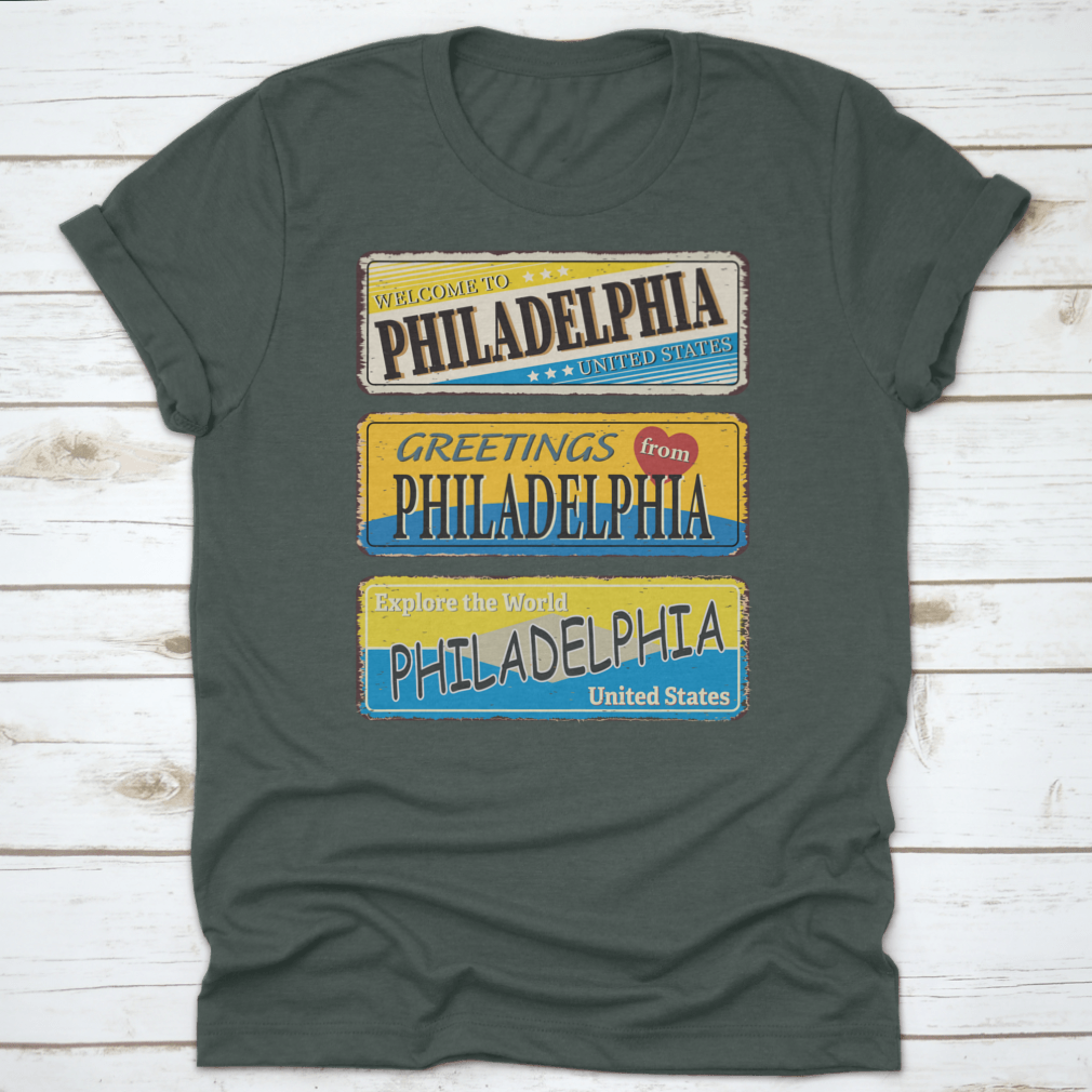 A collection of vintage tin signs featuring retro designs celebrating Philadelphia, showcasing iconic landmarks and city names.