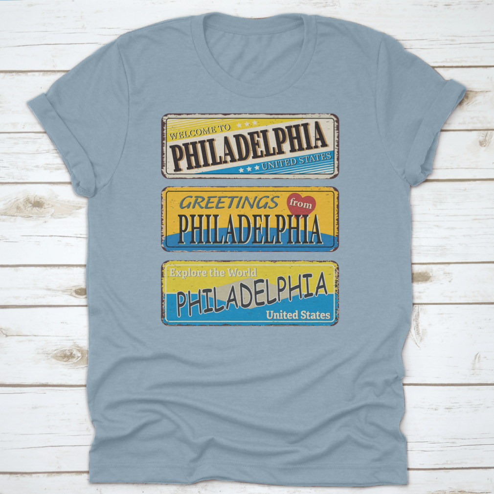 A collection of vintage tin signs featuring retro designs celebrating Philadelphia, showcasing iconic landmarks and city names.